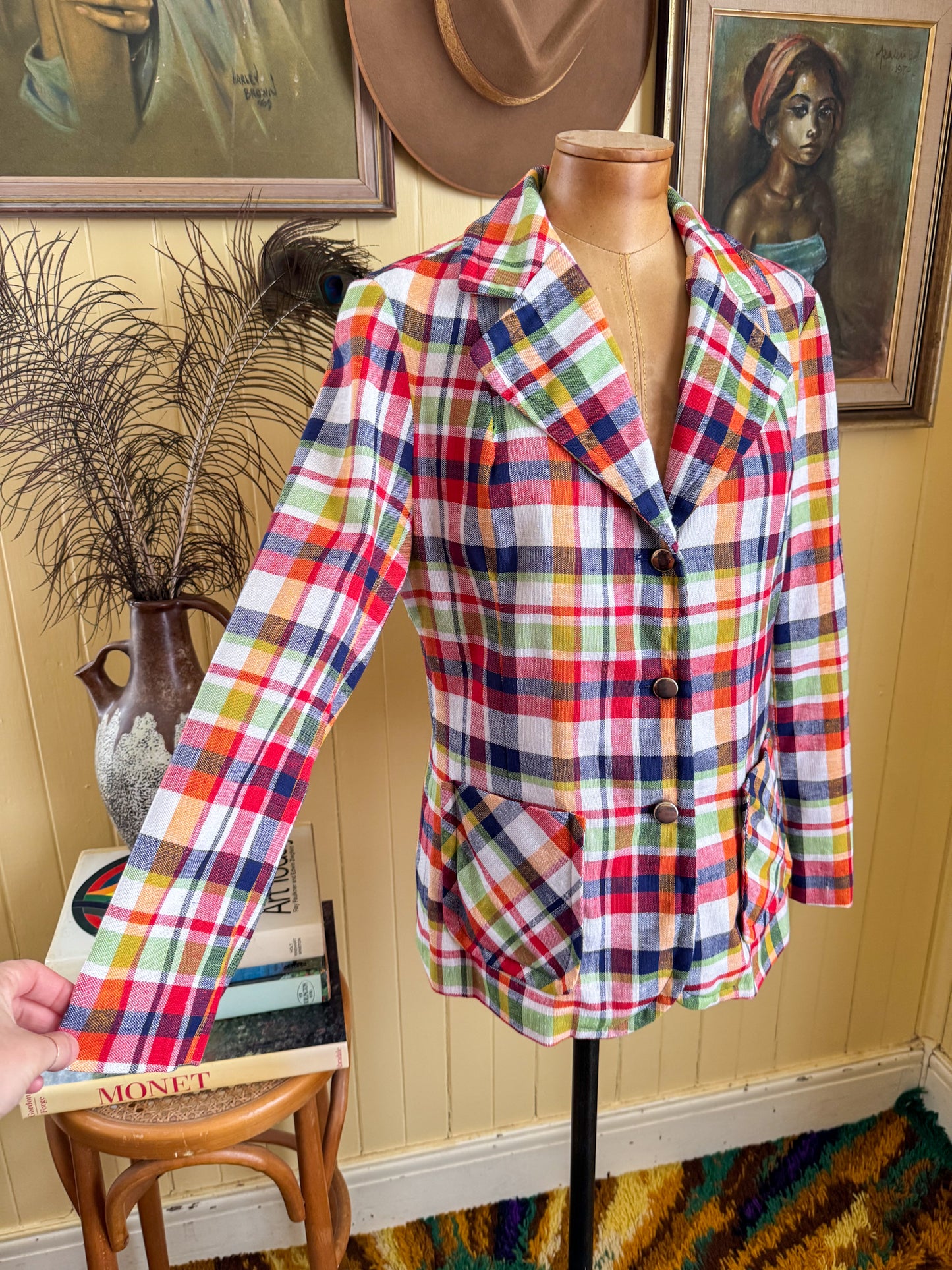 VINTAGE 1970S VIRGO COTTON PLAID DAGGER COLLAR BLAZER JACKET M