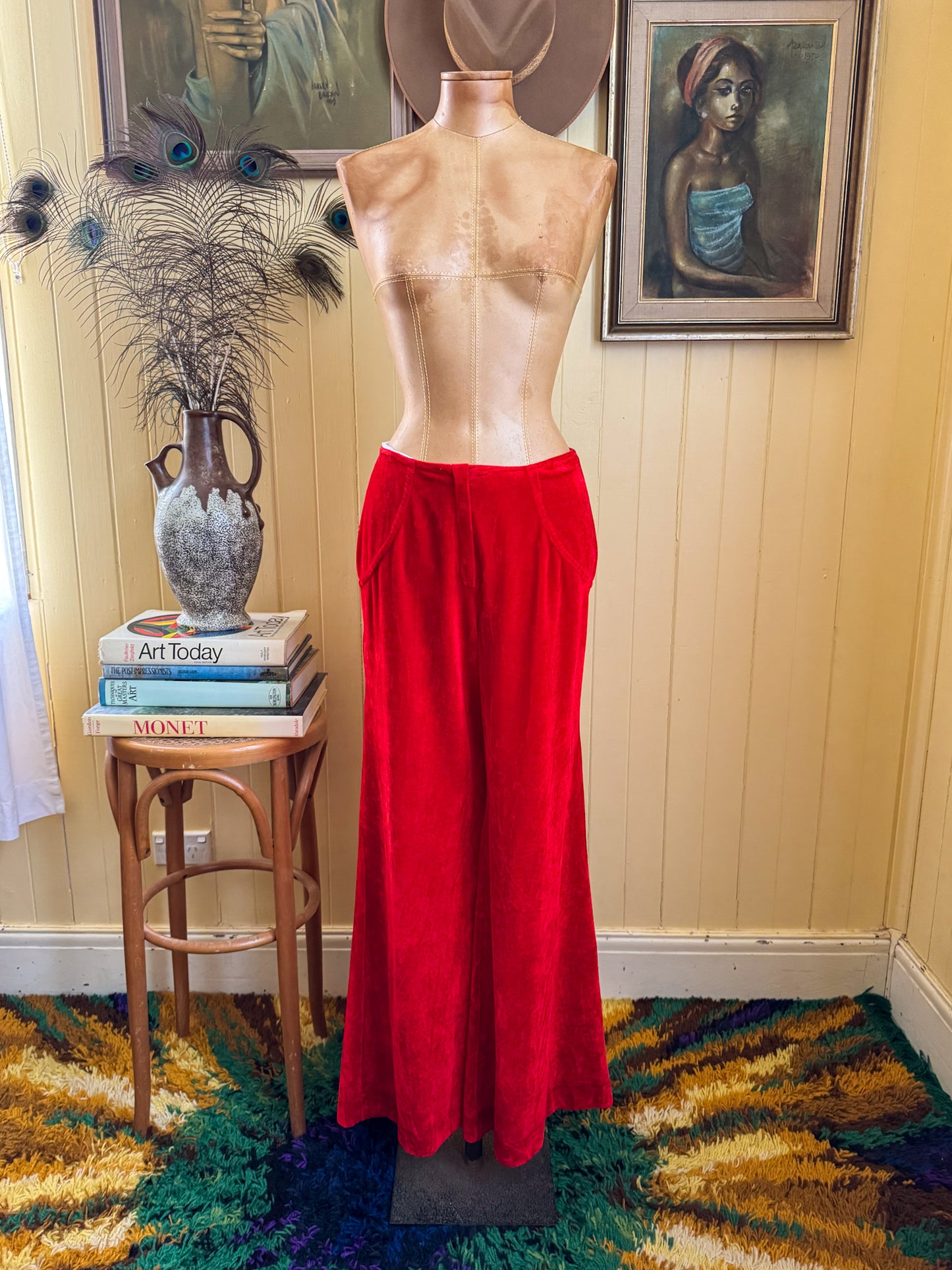 VINTAGE 1970S ST CHARLES RED VELVET WIDE LEG FLARE PANTS S/M