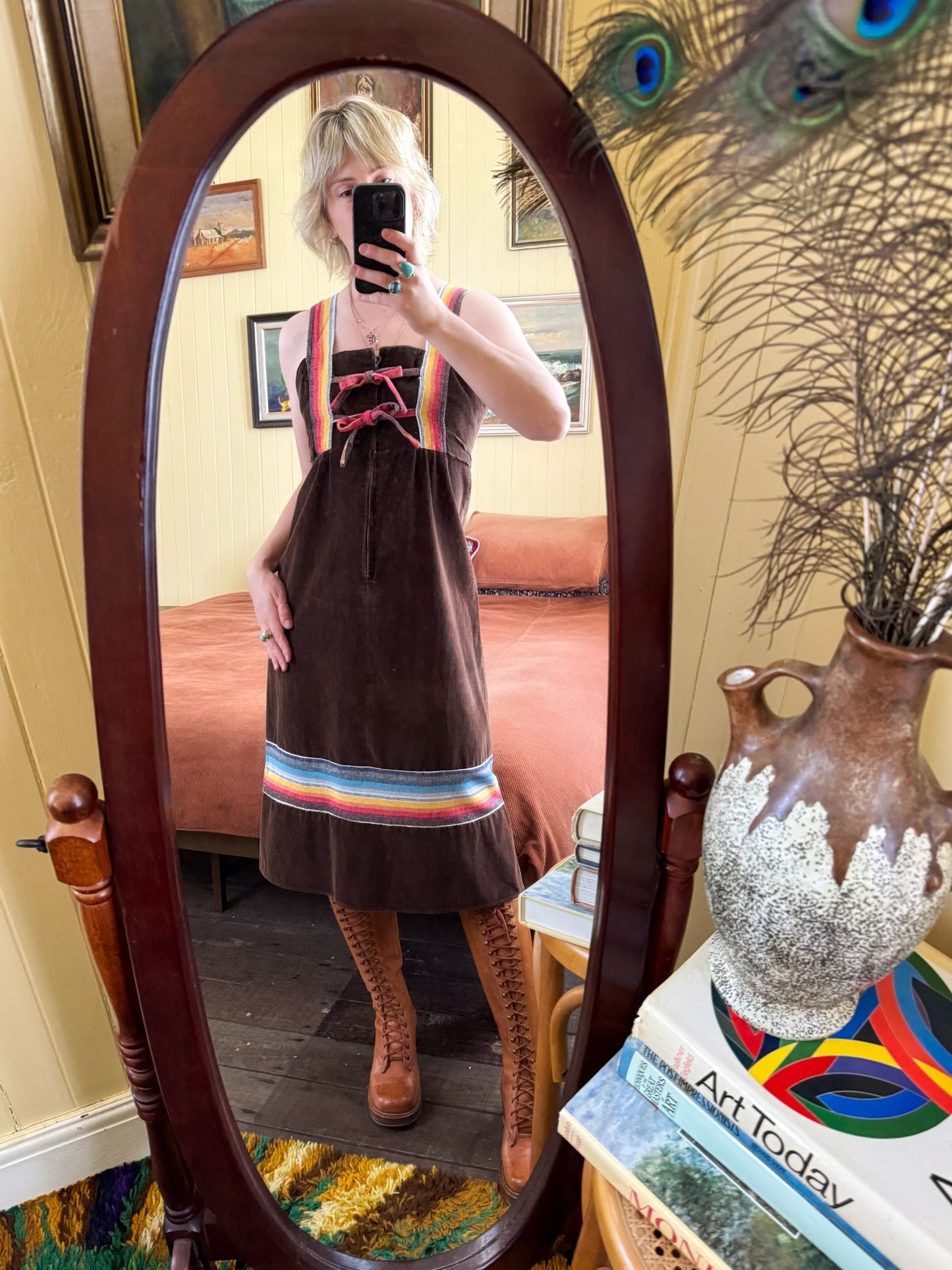 VINTAGE 1970S ENGLISH PRET A PORTER COTTON BLEND CORDUROY PINAFORE DRESS M/L