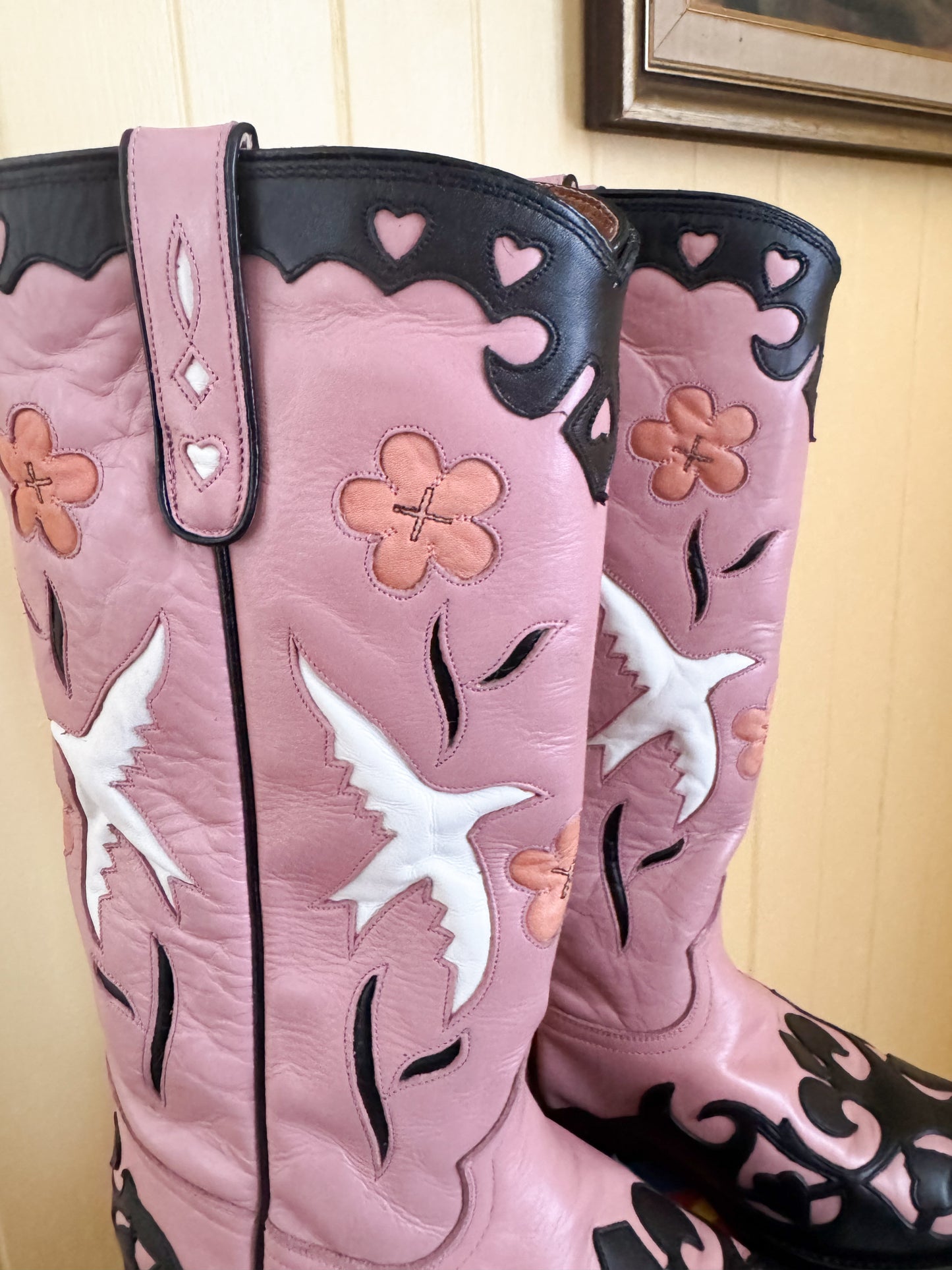 VINTAGE RARE RANCHO MEXICAN INLAY PINK LEATHER WESTERN BOOTS 7-7.5/37.5-38