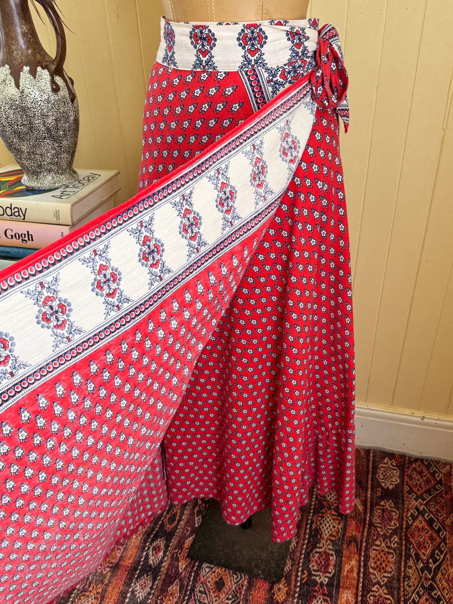 VINTAGE 1970S PAKISTANI RED COTTON BLOCK PRINT WRAP MAXI SKIRT S/M