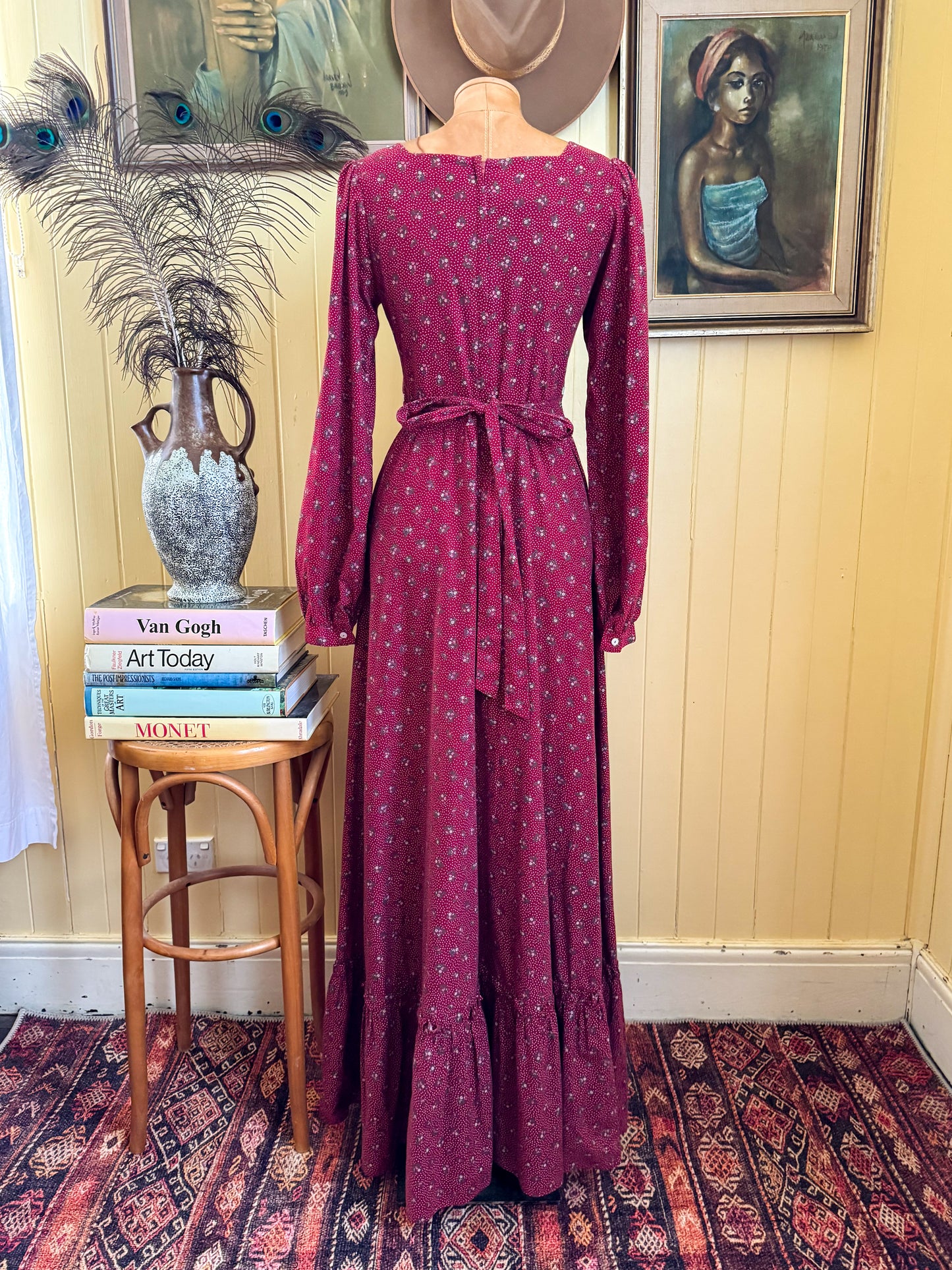 VINTAGE 1970S GUNNE SAX FLORAL PRINT COTTON + LACE PRAIRIE MAXI DRESS S