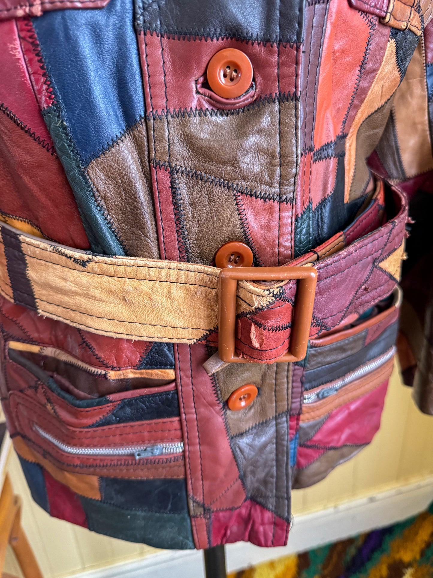 VINTAGE 1970S KOREAN PATCHWORK LEATHER SAFARI BELTED JACKET M