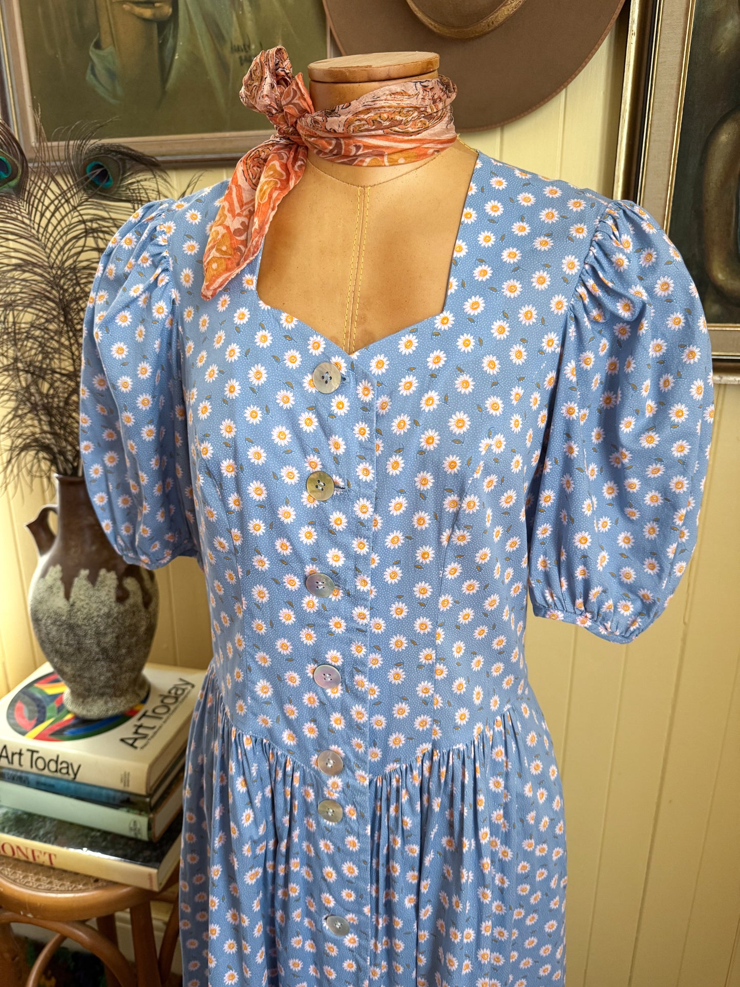 VINTAGE 1990S PERRY LANDHAUS COTTON FLORAL PRINT DIRNDL DRESS S/M