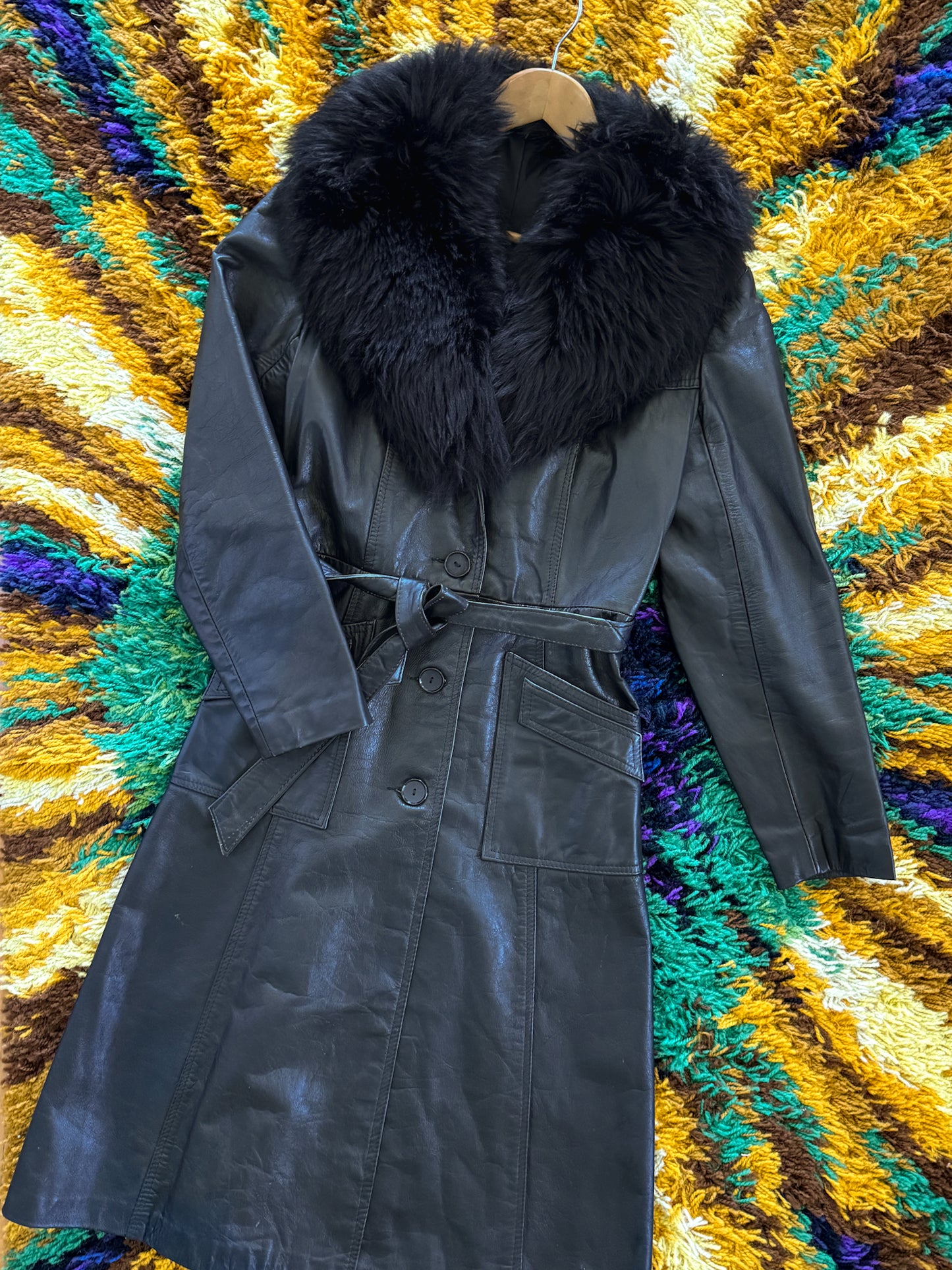 VINTAGE 1970S BLACK LEATHER PENNY LANE LONG SHEARLING COAT S