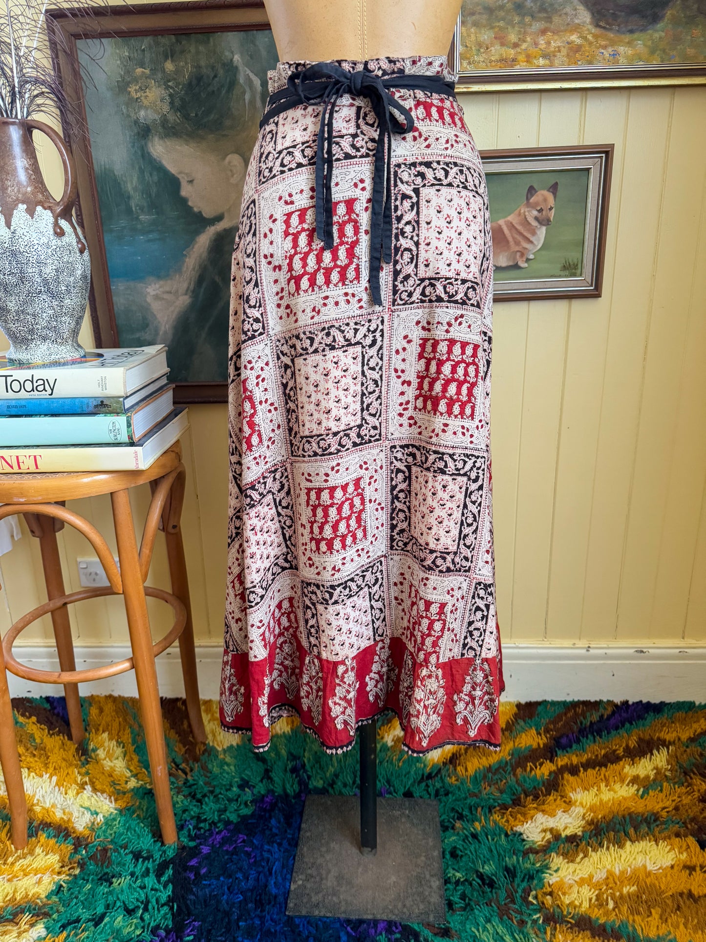 VINTAGE 1980S INDIAN COTTON BLOCK PRINT WRAP RUFFLE MIDI SKIRT S/M