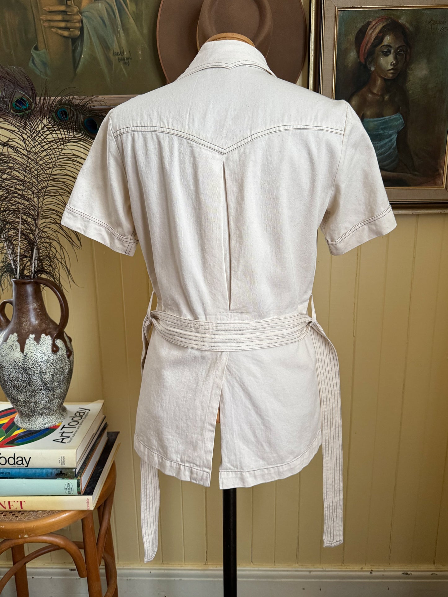 VINTAGE 1970S OFF WHITE COTTON DRILL FITTED SAFARI SHIRT JACKET S/M