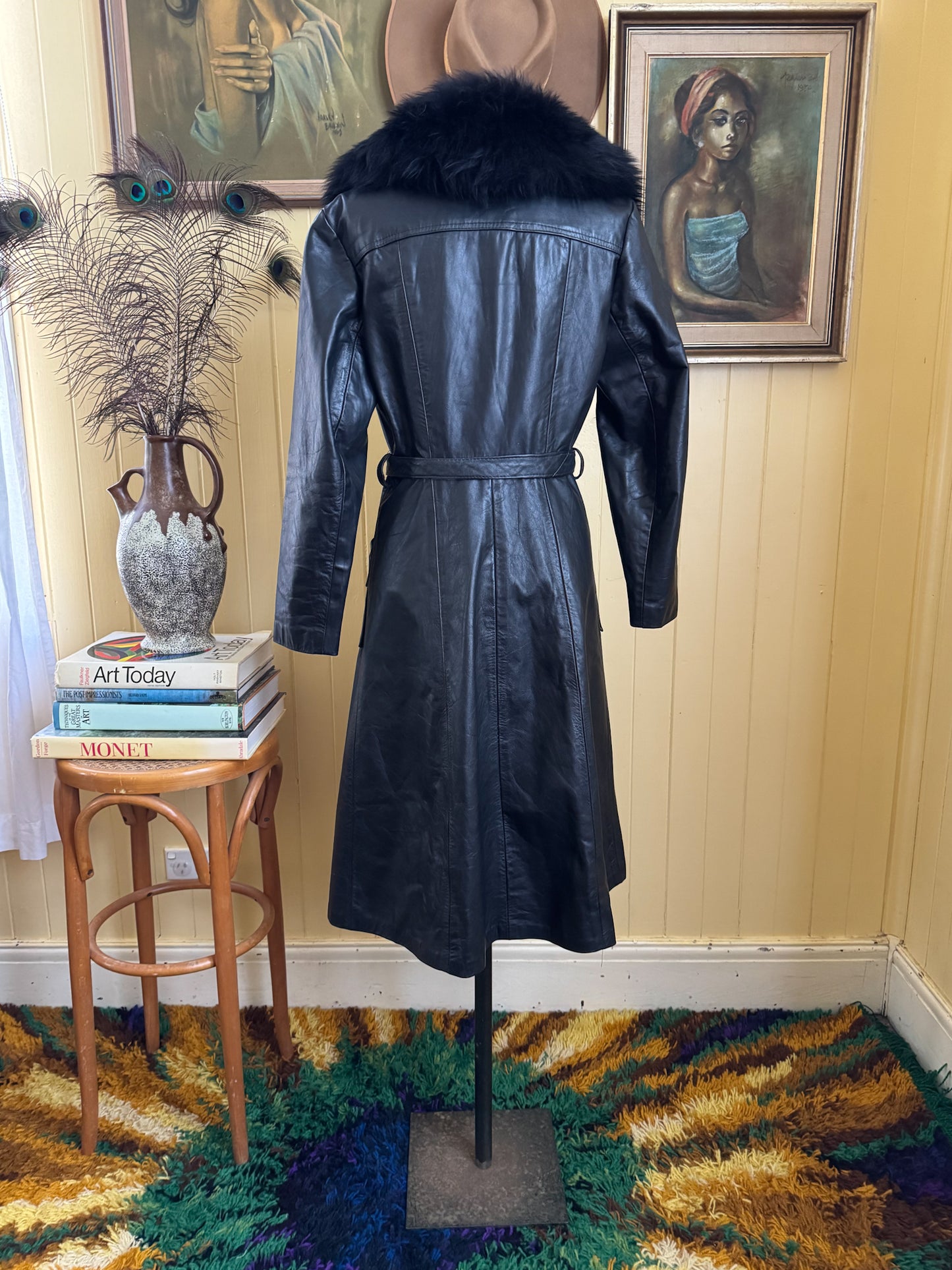VINTAGE 1970S BLACK LEATHER PENNY LANE LONG SHEARLING COAT S