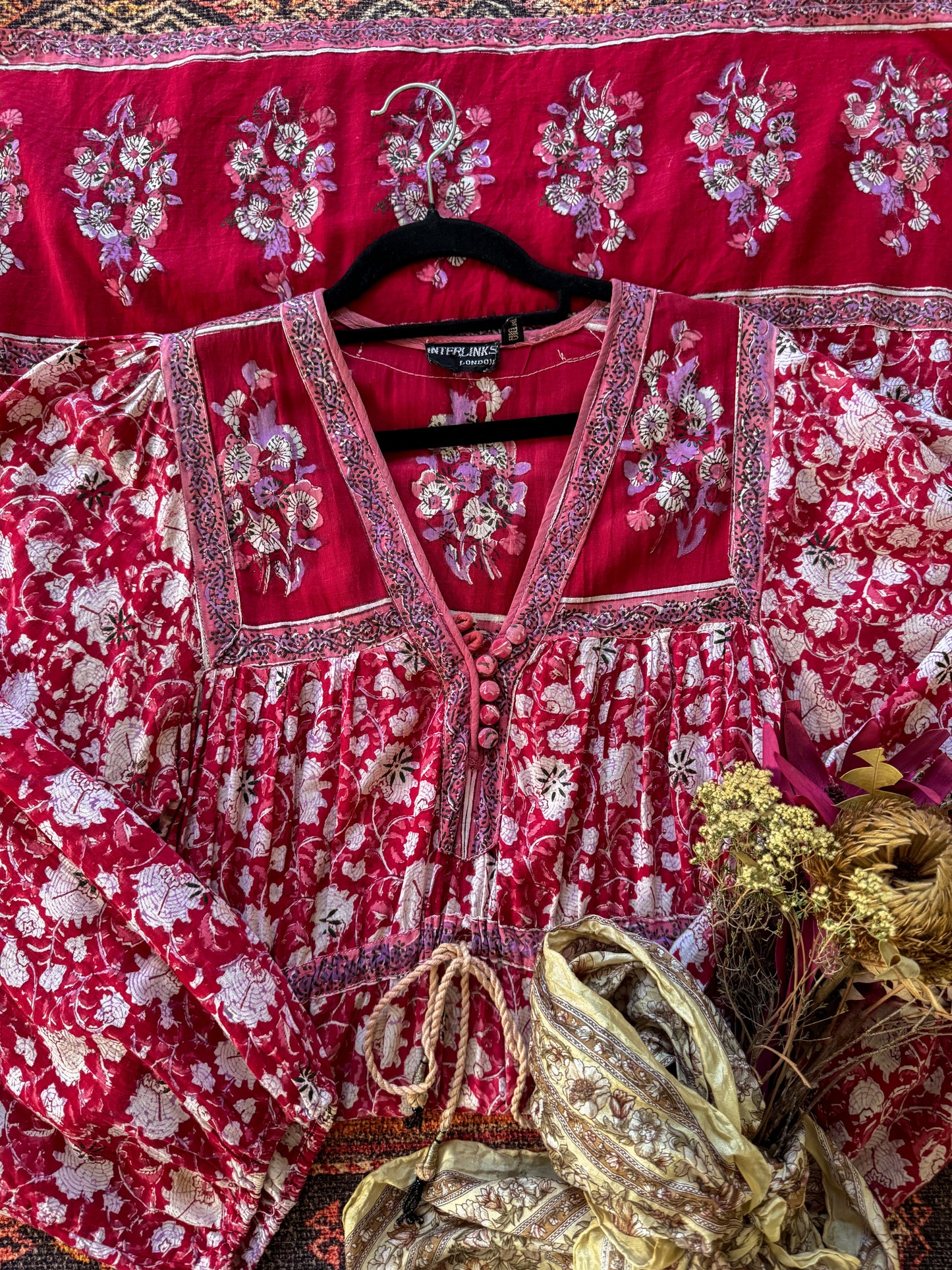VINTAGE 1970S RARE INTERLINKS INDIAN COTTON GAUZE BLOCK PRINT MIDI DRESS M/L