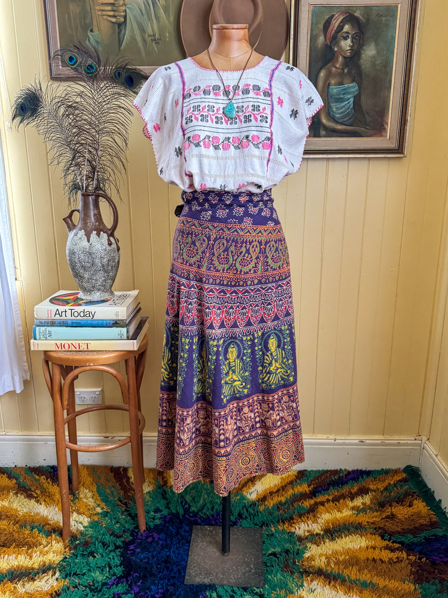 VINTAGE 1990S INDIAN COTTON BLOCK PRINT WRAP MIDI SKIRT S/M