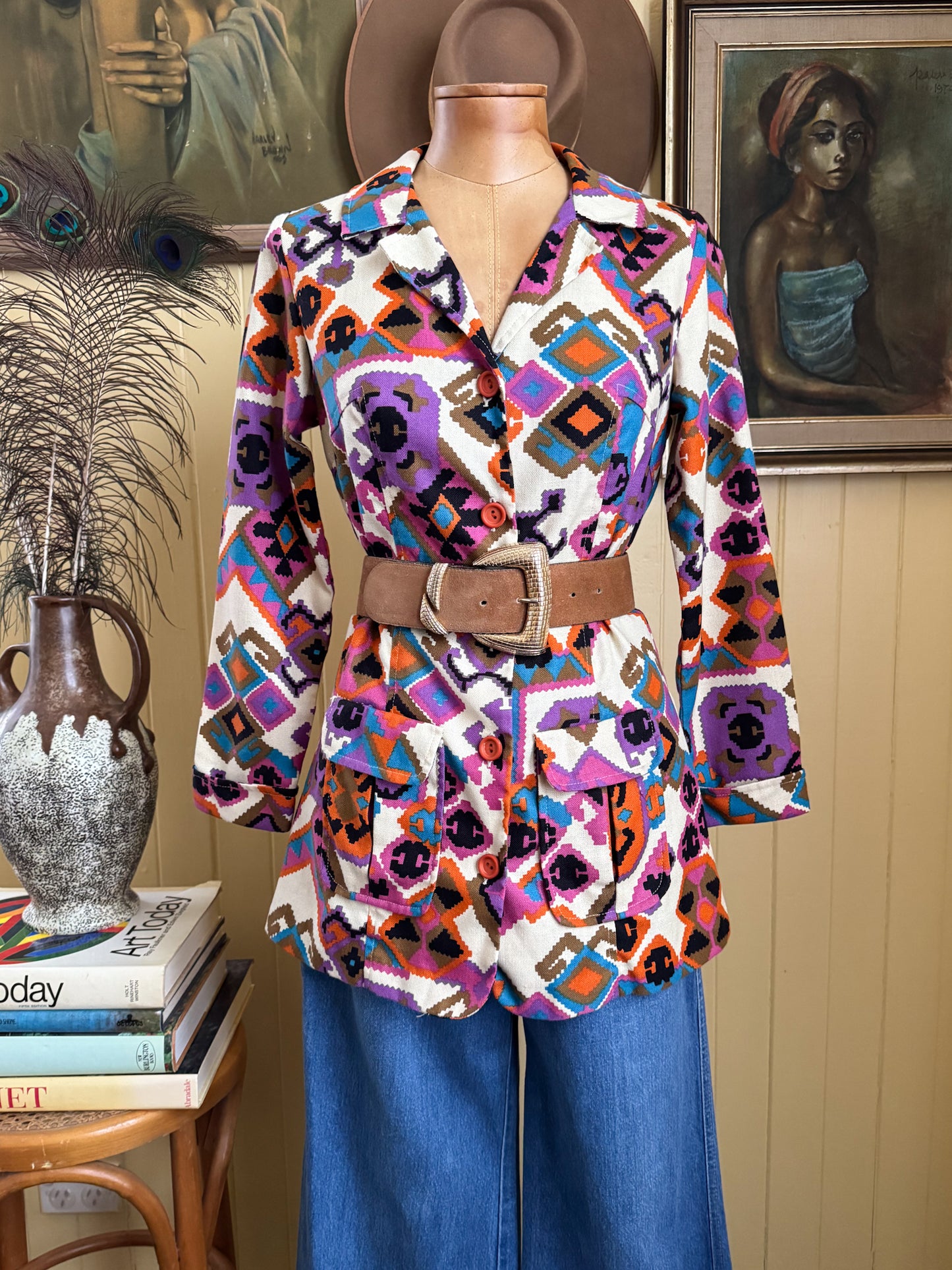 VINTAGE 1970S PSYCHEDELIC GEOMETRIC PRINT FITTED JACKET S