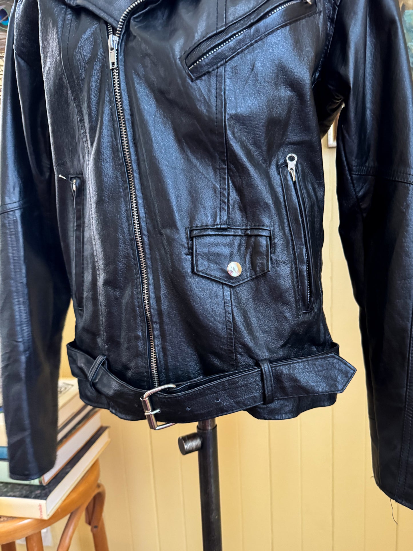 VINTAGE 1980S GIORGIO FIRMANI BLACK LEATHER MOTORCYCLE JACKET M