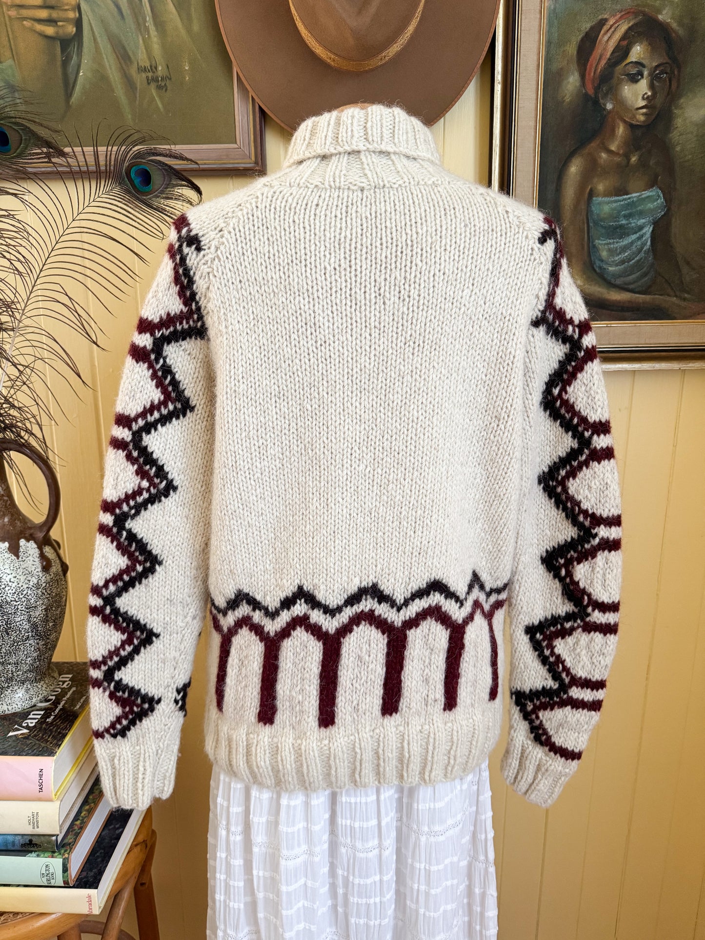 VINTAGE MALIKA INDIAN 100% WOOL MOTIF CHUNKY KNIT JUMPER S/M
