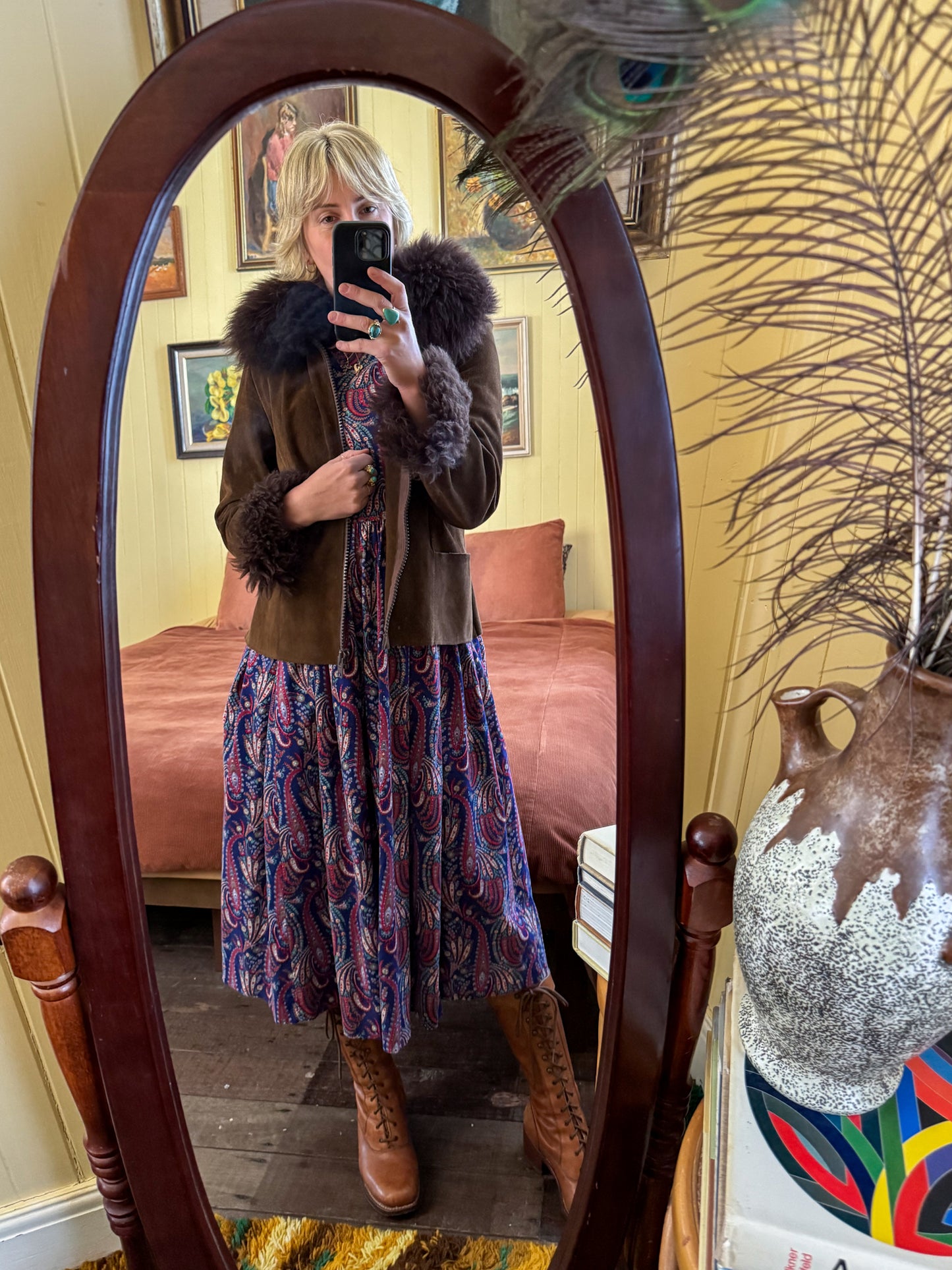 VINTAGE 1980S ENGLISH LAURA ASHLEY COTTON CORDUROY PAISLEY PRAIRIE DRESS S
