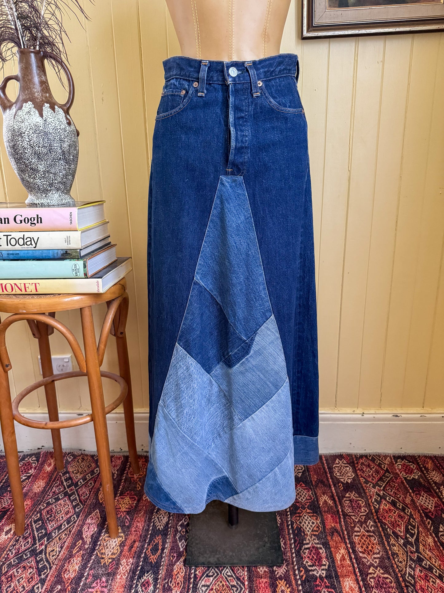 VINTAGE REWORKED LEVI’S COTTON DENIM PATCHWORK MIDI SKIRT S