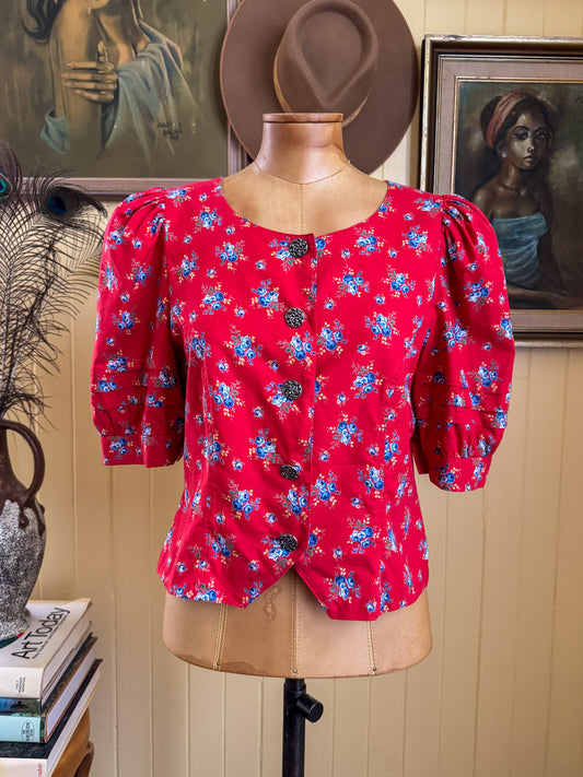 VINTAGE 1980S AUSTRIAN PFISTER COTTON FLORAL PRINT BLOUSE S/M