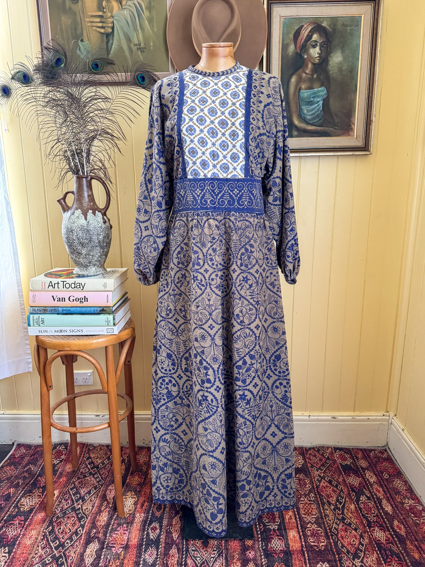 VINTAGE 1970S COTTON CORDUROY PRINTED MAXI PEASANT DRESS M