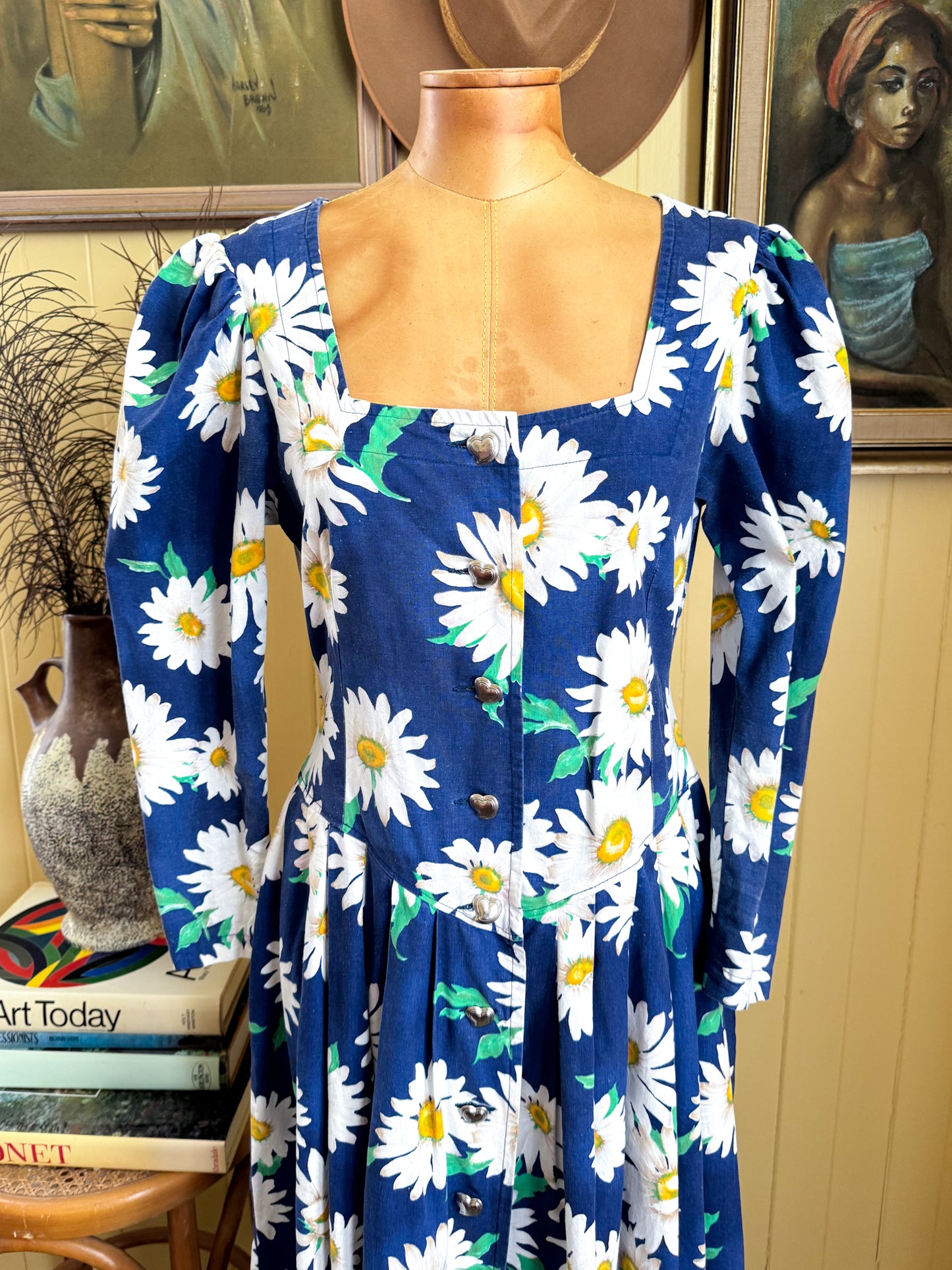 VINTAGE 1980S ASTRID PRIOR DAISY FLORAL PRINT PRAIRIE DRESS M