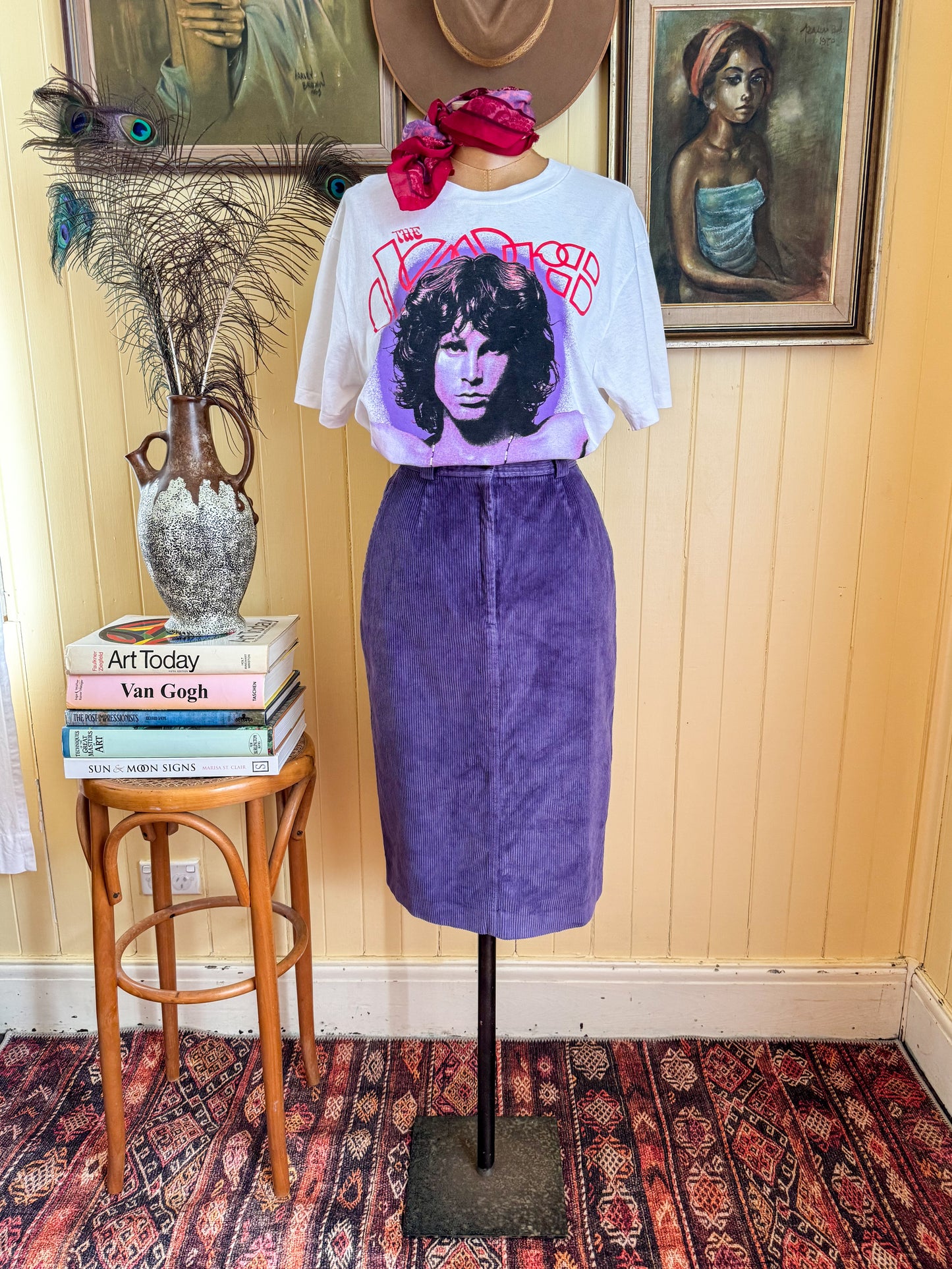 VINTAGE 1980S SPORTSCRAFT COTTON CORDUROY MIDI PENCIL SKIRT S/M
