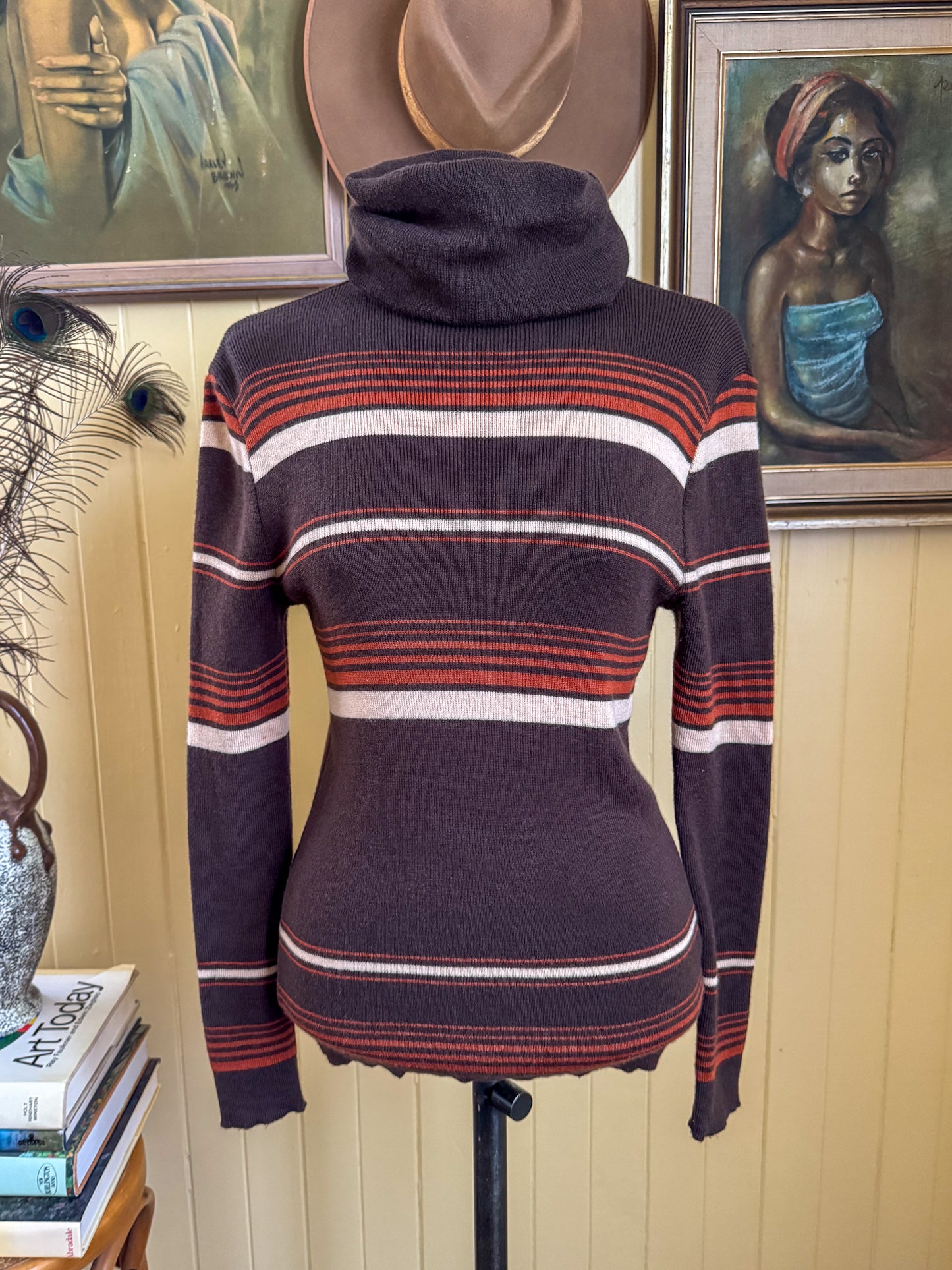 VINTAGE 1970S SPORTSCRAFT WOOLLEN KNIT ROLL NECK STRIPED JUMPER M/L