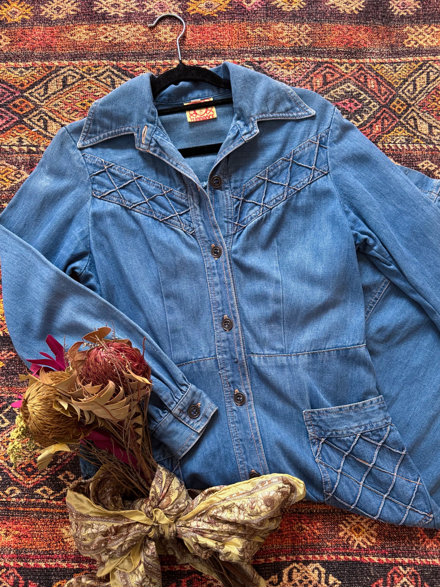 VINTAGE 1970S SUNDANCE COTTON DENIM BUTTON THROUGH MIDI SHIRT DRESS S