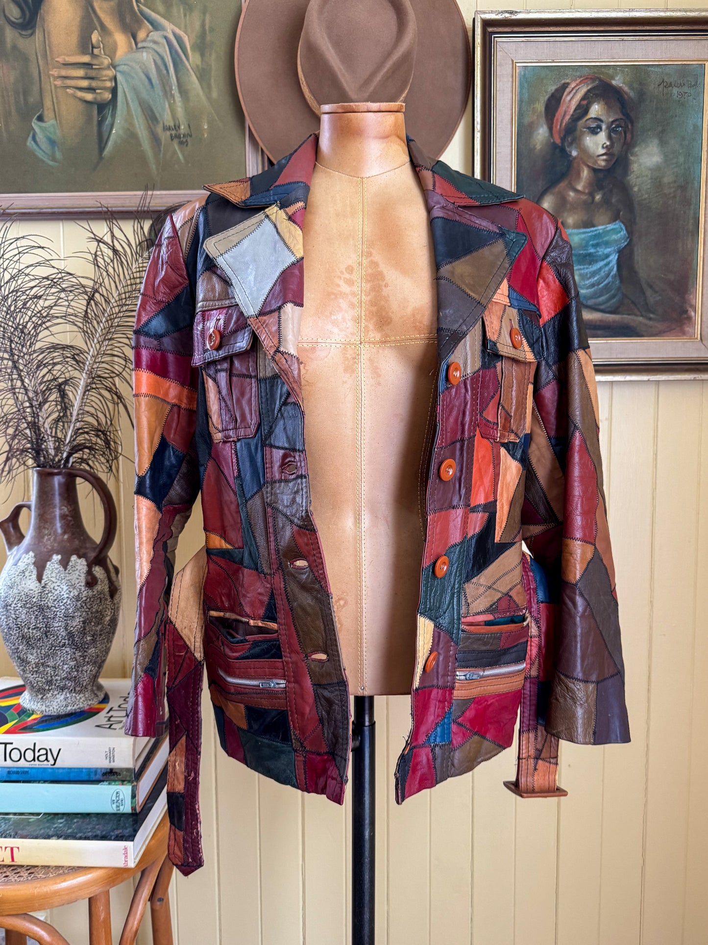 VINTAGE 1970S KOREAN PATCHWORK LEATHER SAFARI BELTED JACKET M