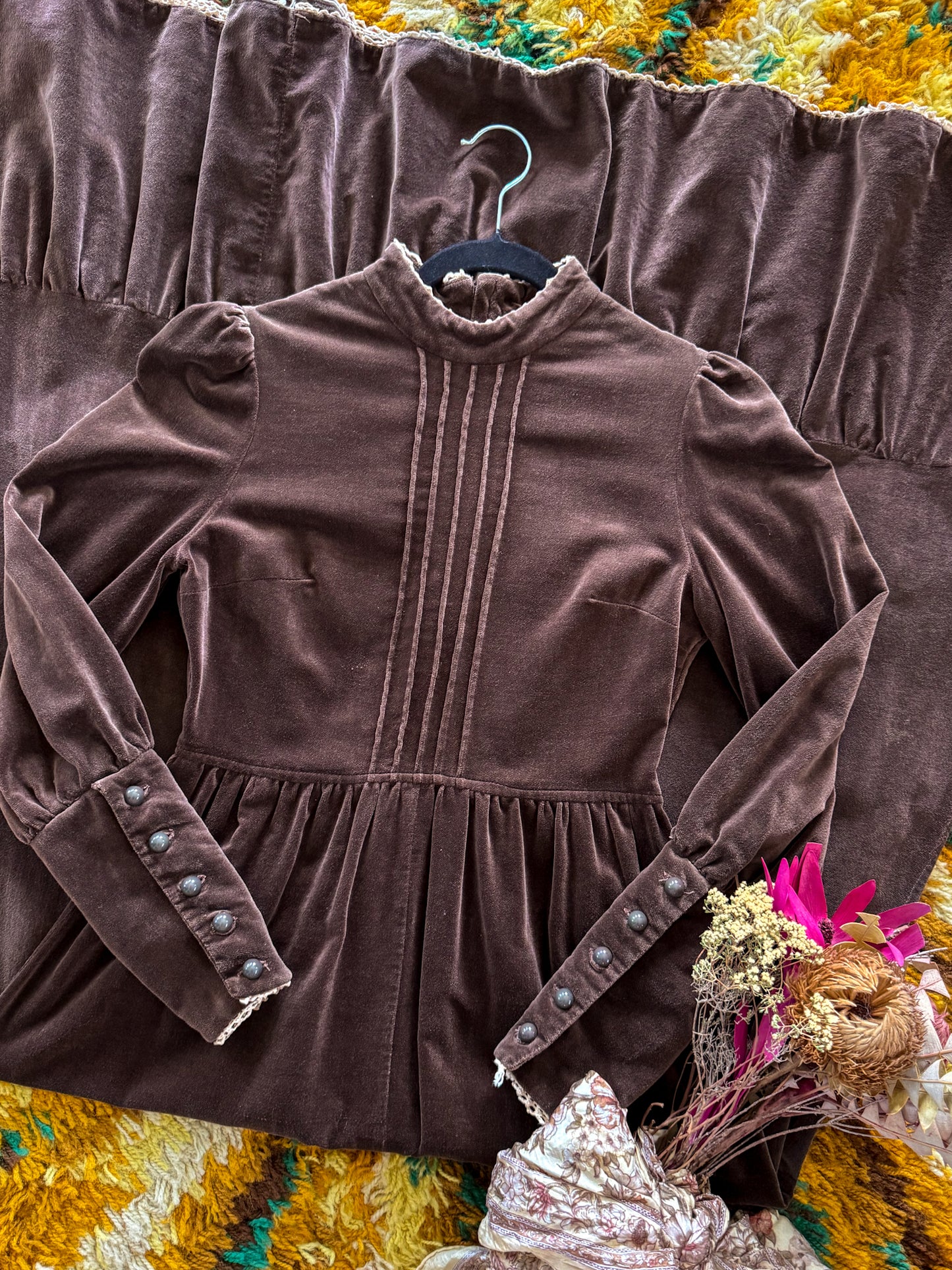 VINTAGE 1970S BINDI OF MELBOURNE COTTON VELVET MAXI VICTORIANA PRAIRIE DRESS XS/S