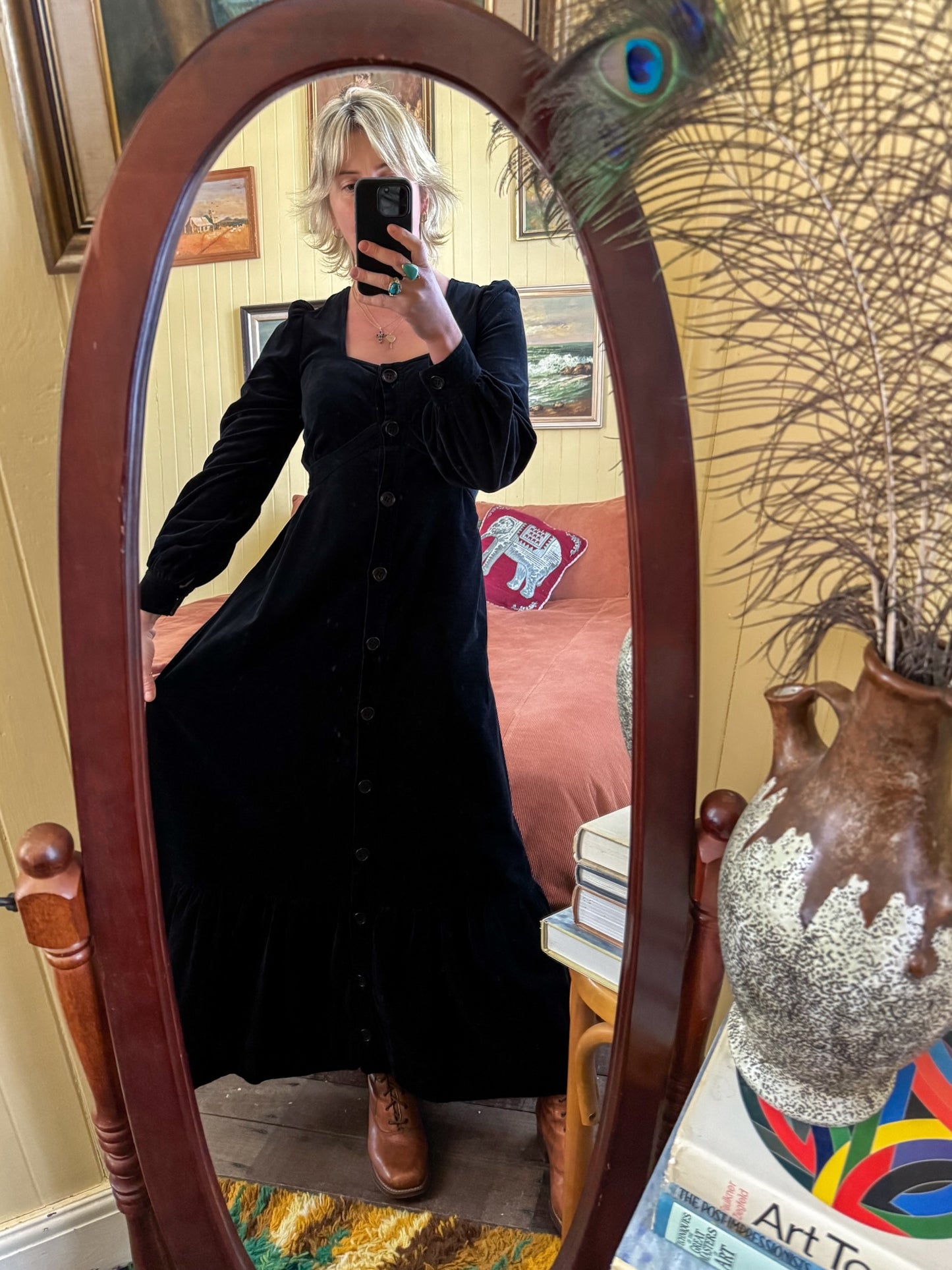 VINTAGE 1970S LIZZIE COTTON VELVET BUTTON THROUGH MAXI PEASANT DRESS S/M