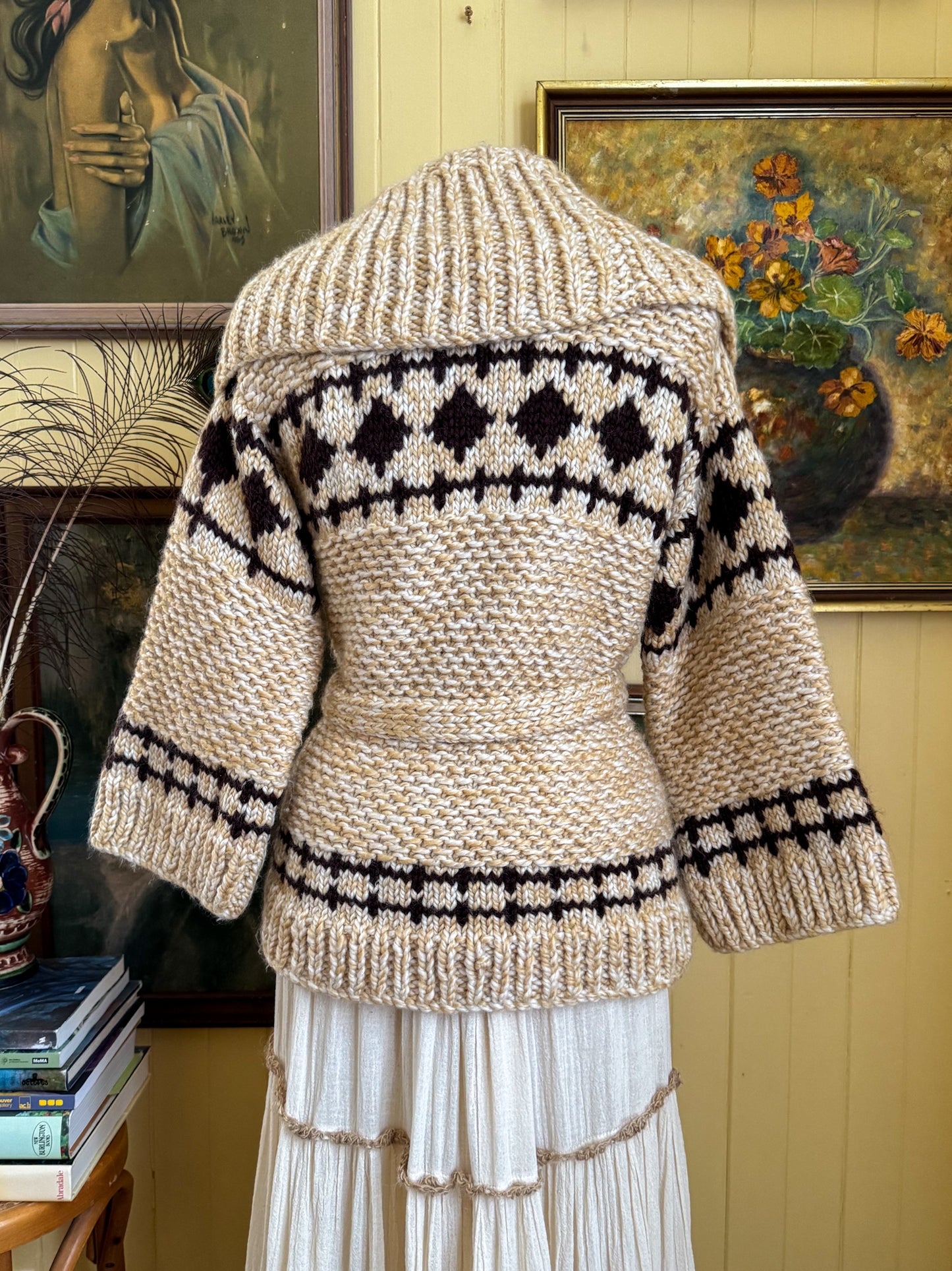 VINTAGE 1970S WOOL HAND KNIT STARSKY AND HUTCH CHUNKY KNIT WRAP CARDIGAN S