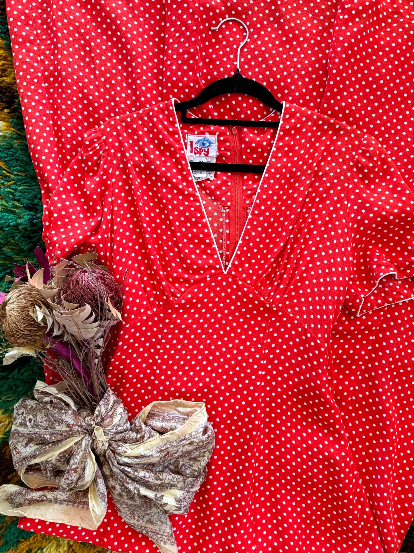 VINTAGE 1970S I-SPY POLY RED POLKA DOT PRINT MAXI DRESS S