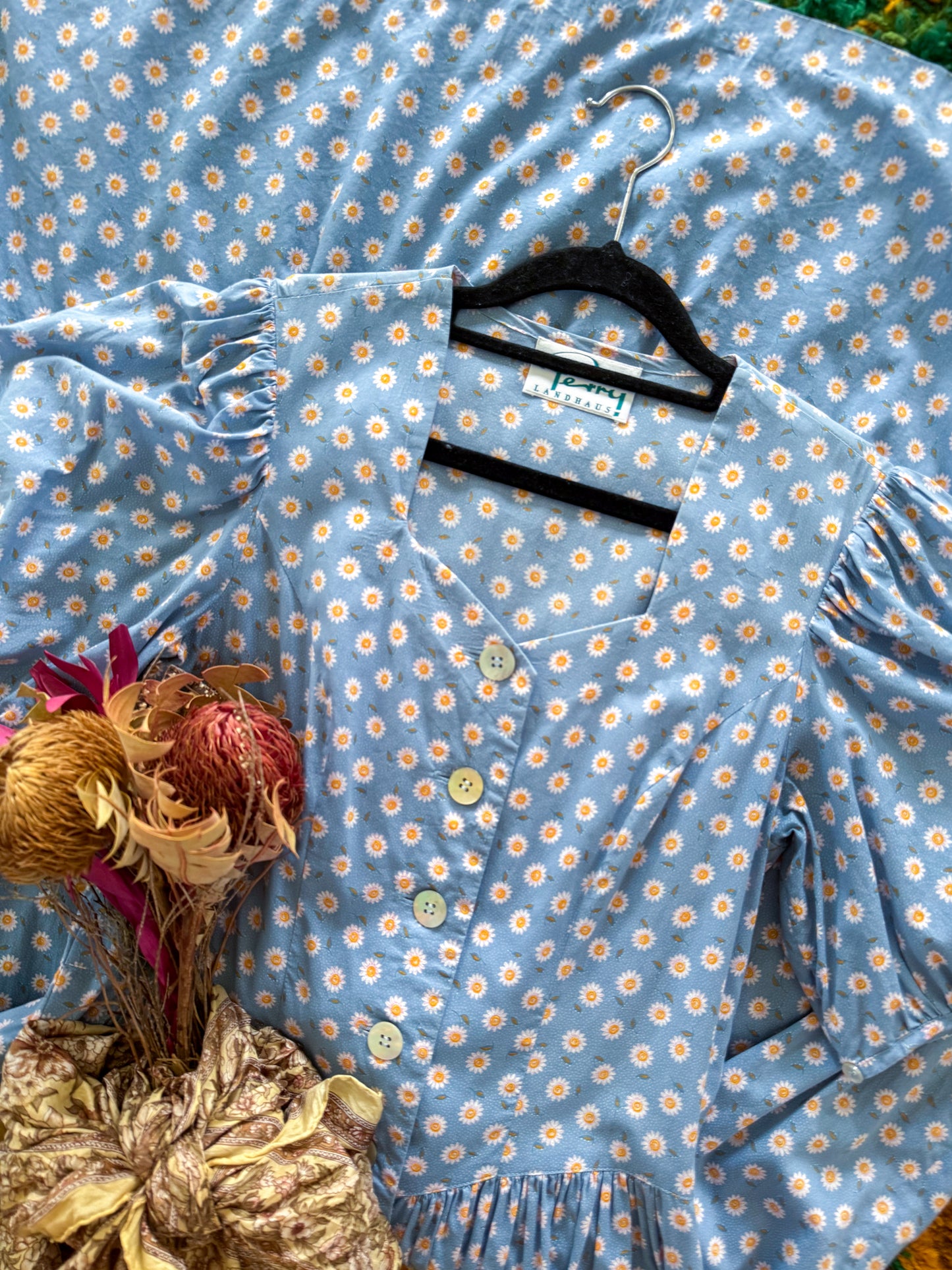 VINTAGE 1990S PERRY LANDHAUS COTTON FLORAL PRINT DIRNDL DRESS S/M