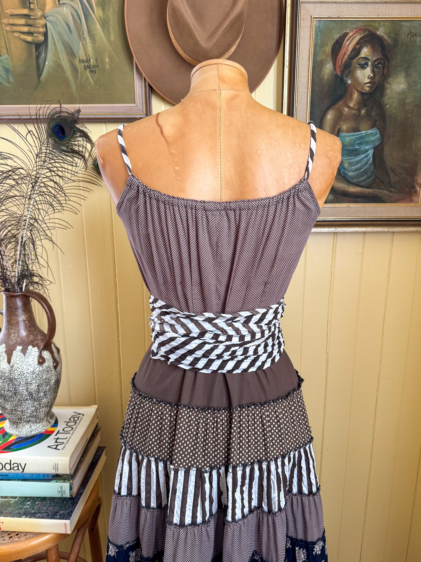 VINTAGE 1970S PRUE ACTON COTTON PATCHWORK TIERED MIDI SUN DRESS S