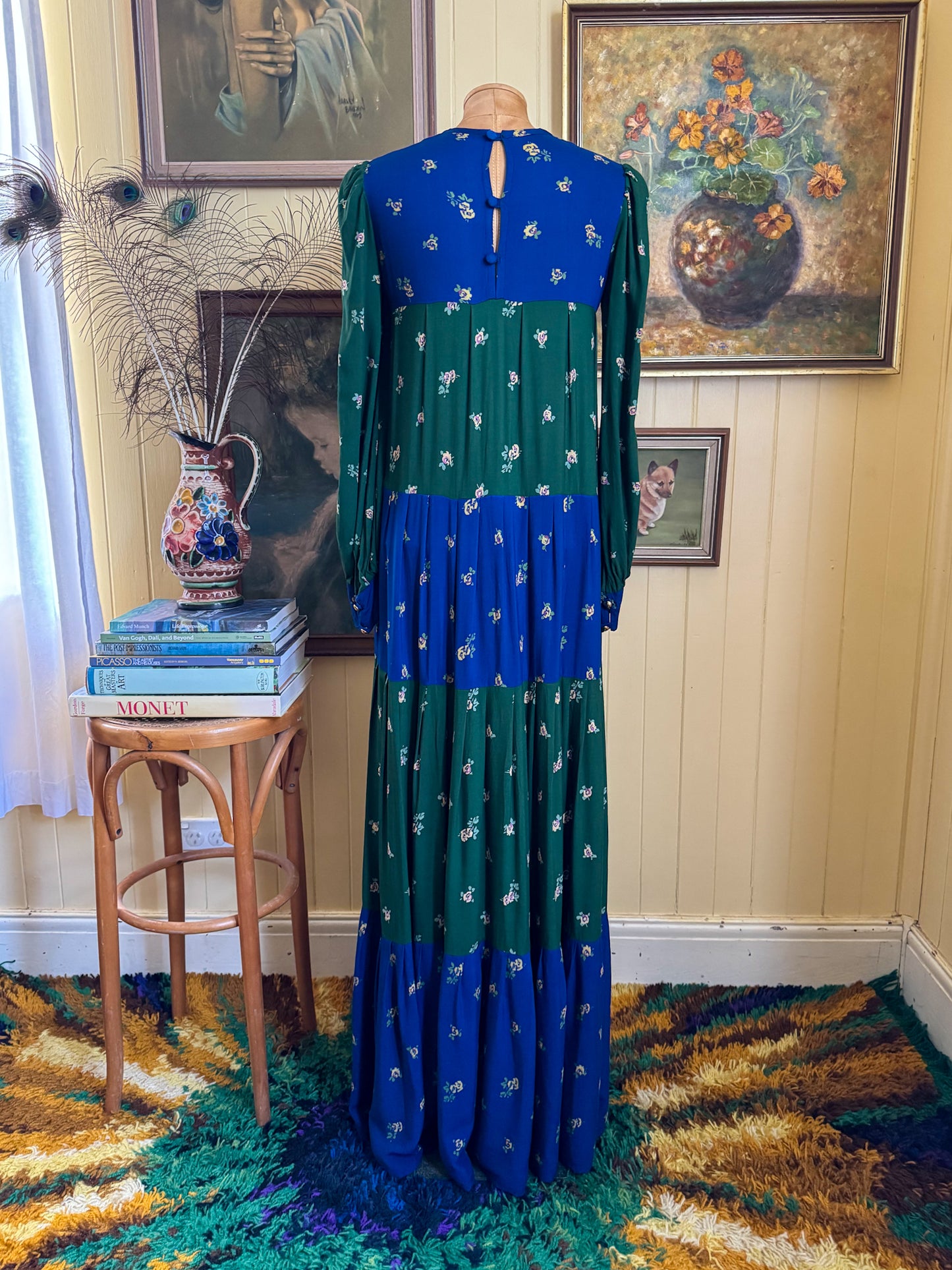 VINTAGE 1970S RAYON FLORAL PRINT EMBROIDERED BIB FOLK MAXI DRESS S/M