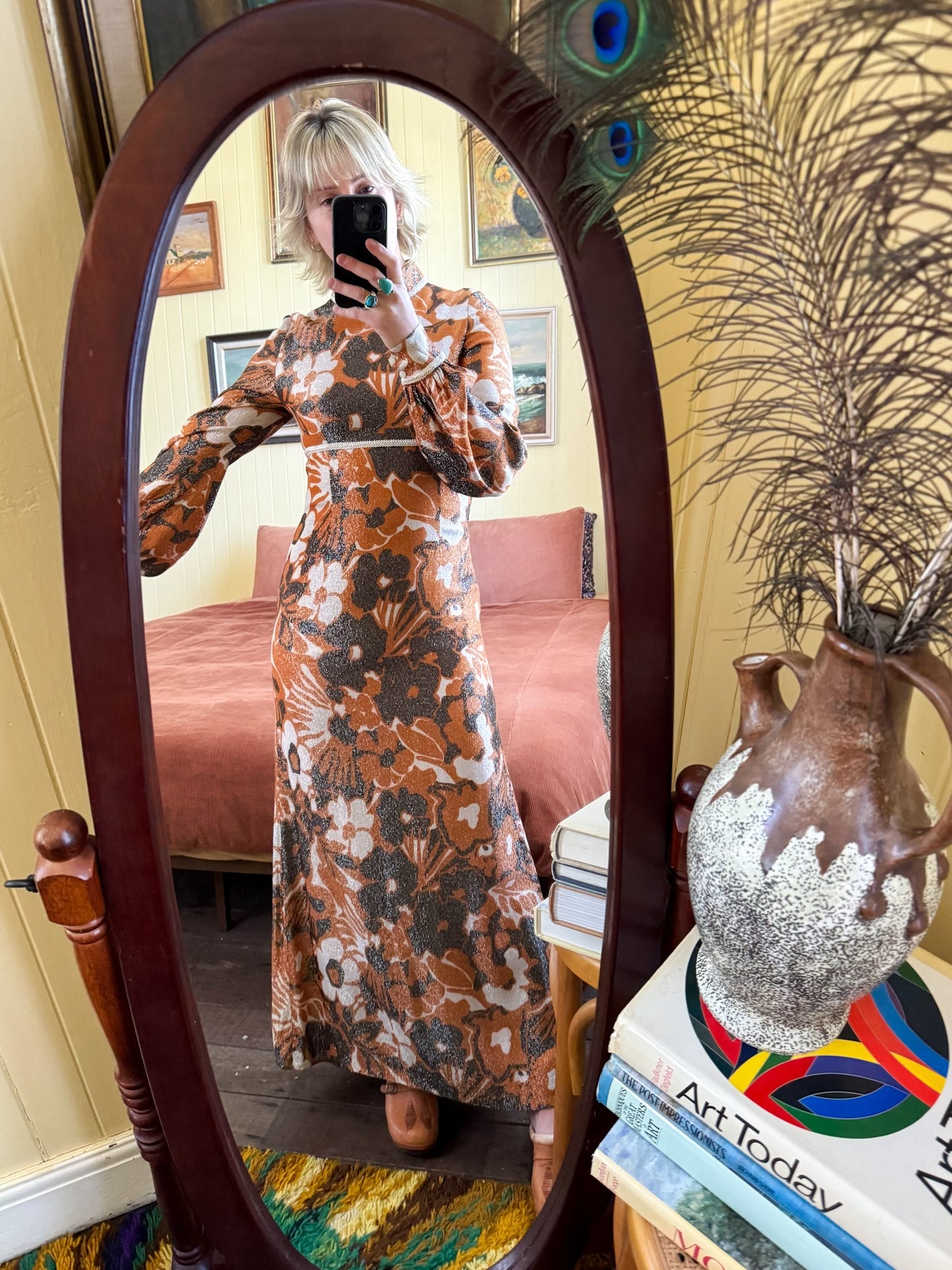 VINTAGE 1960S LUREX PSYCHEDELIC FLORAL PRINT MAXI DRESS S/M