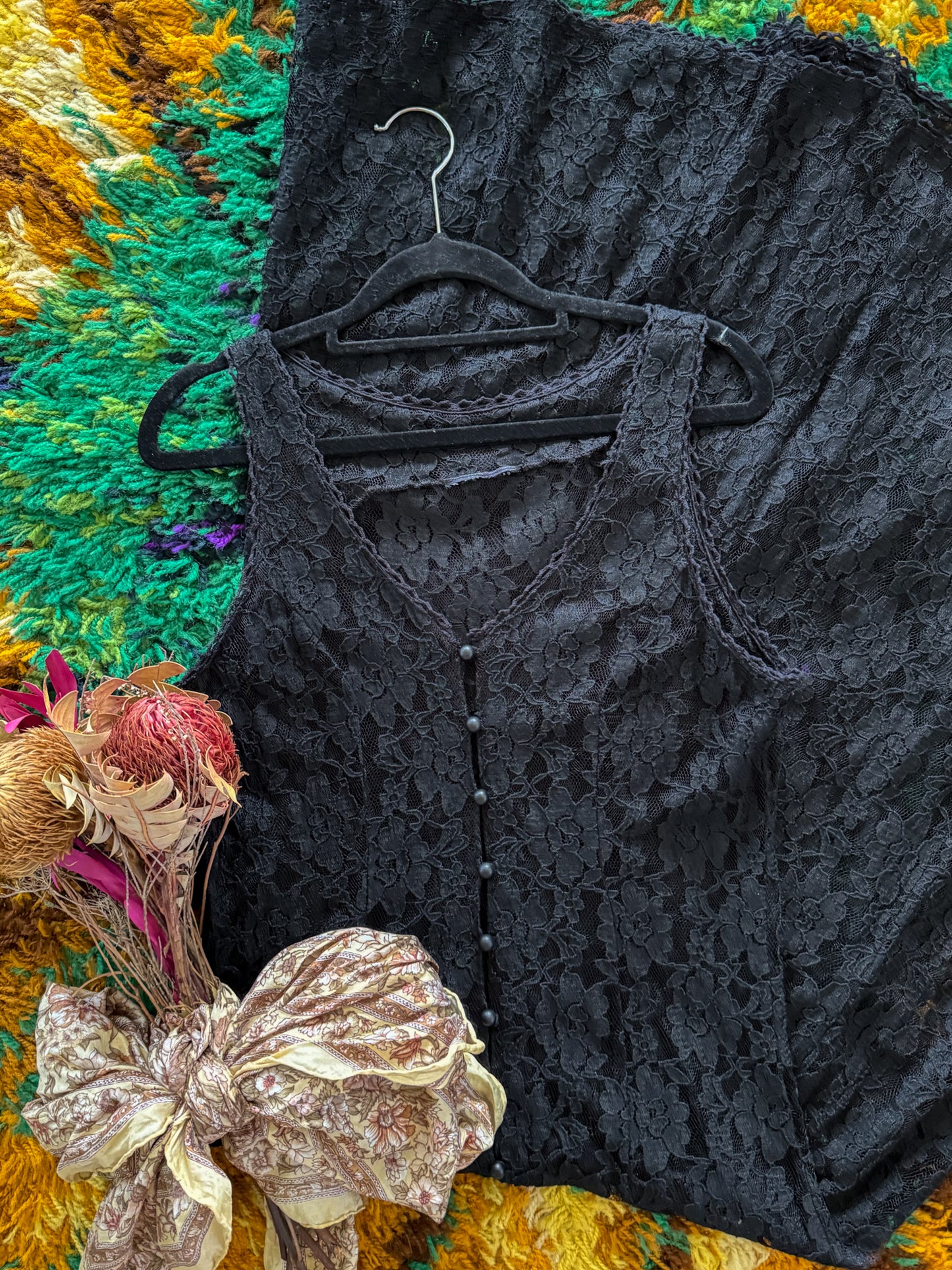 VINTAGE 1990S BLACK LACE SLEEVELESS MAXI DUSTER DRESS XS/S