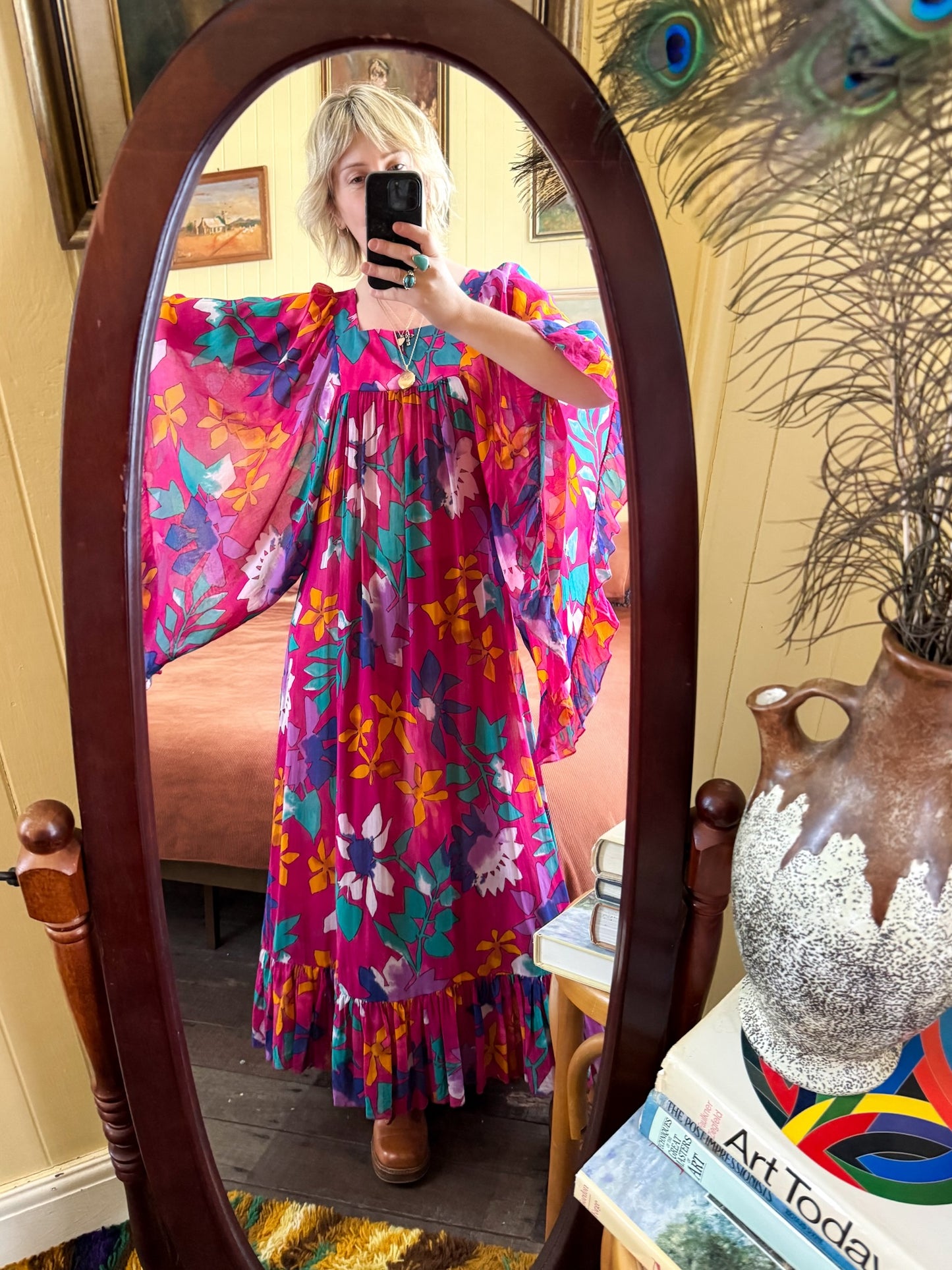 VINTAGE 1970S MISS JANTZEN FLORAL PRINT COTTON GAUZE ANGEL SLEEVE MAXI DRESS S/M/L