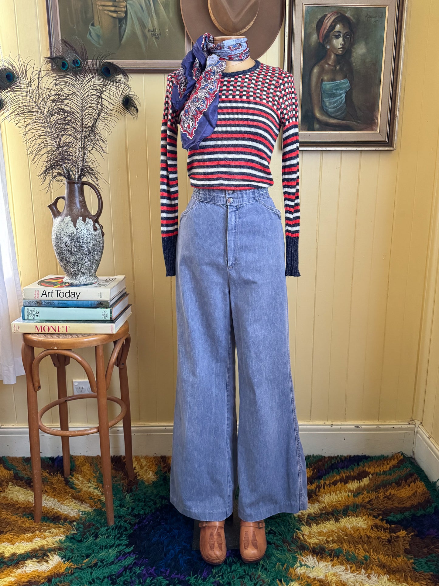 VINTAGE 1970S ANGORA BLEND KNITTED CHECK + STRIPE FITTED JUMPER XS