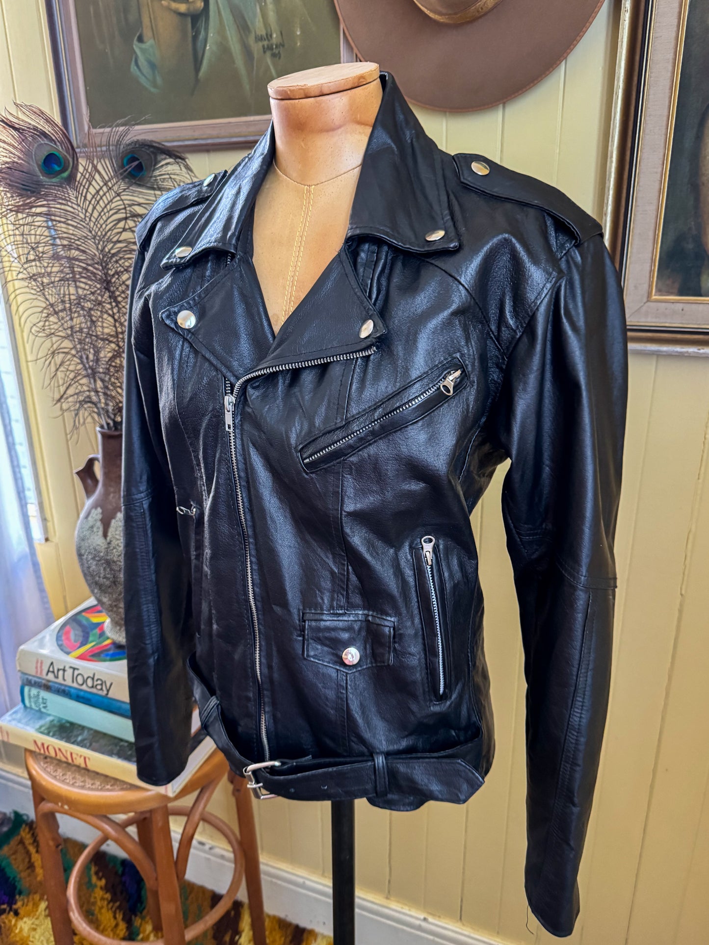 VINTAGE 1980S GIORGIO FIRMANI BLACK LEATHER MOTORCYCLE JACKET M