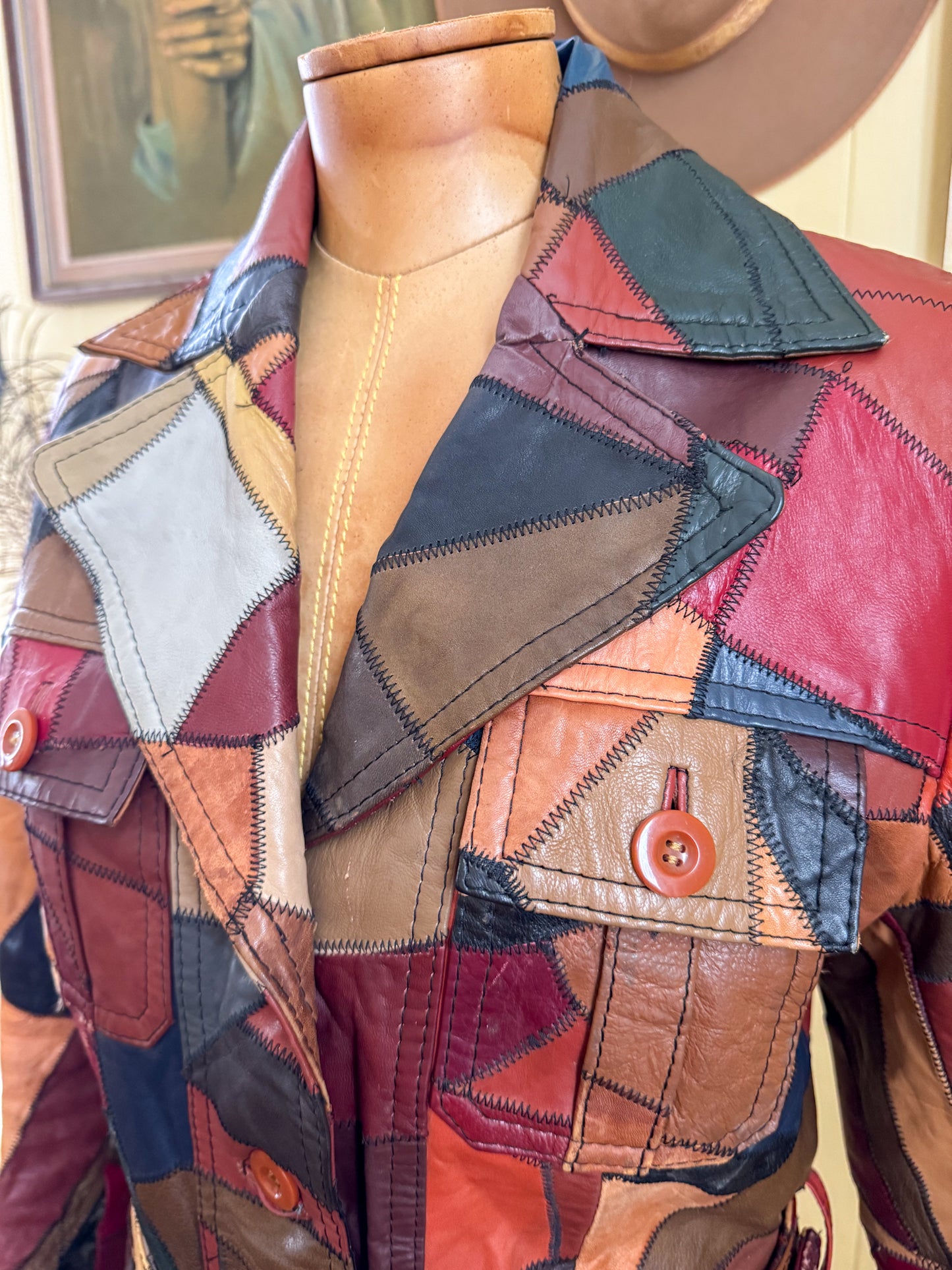 VINTAGE 1970S KOREAN PATCHWORK LEATHER SAFARI BELTED JACKET M