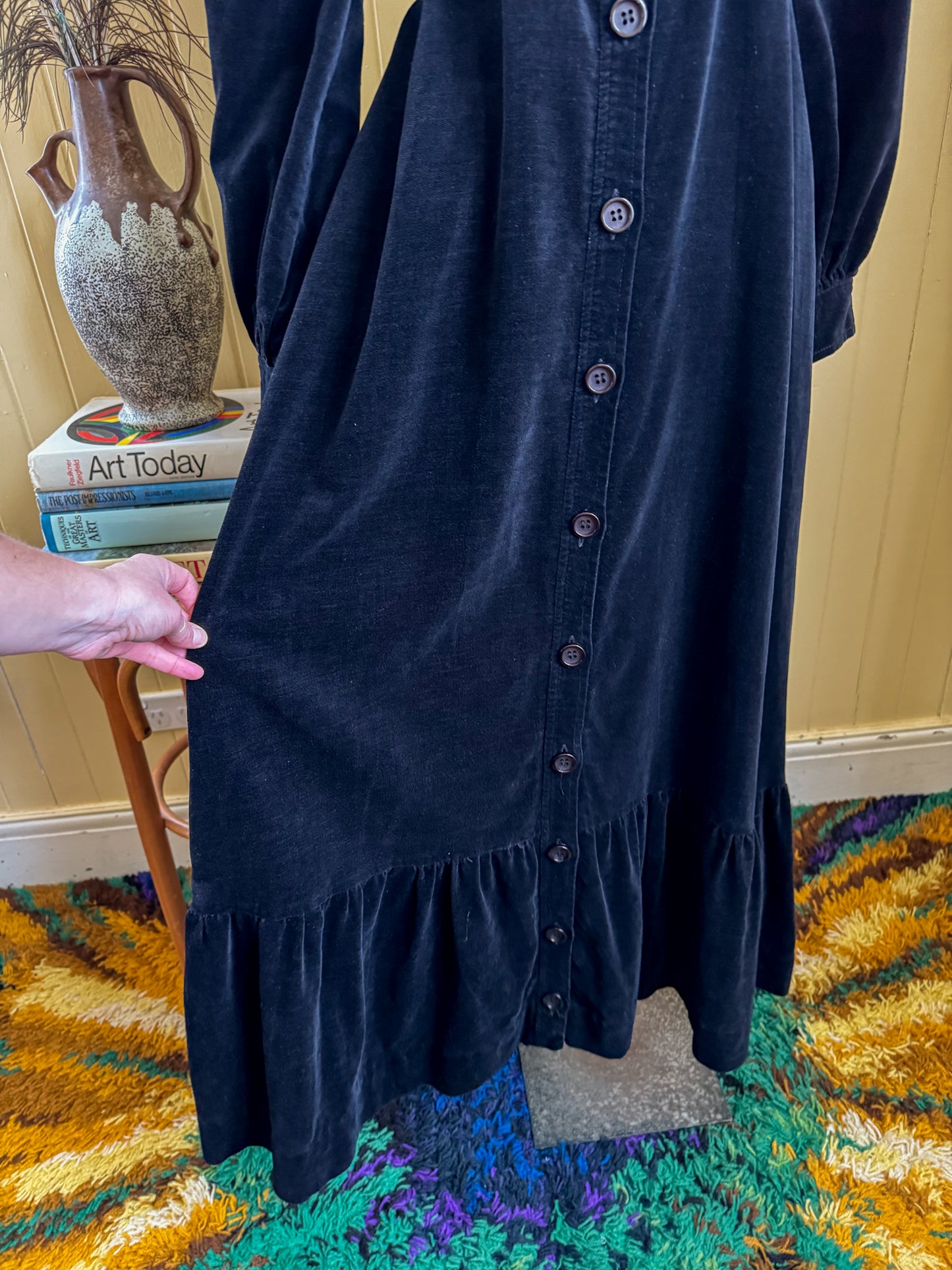 VINTAGE 1970S LIZZIE COTTON VELVET BUTTON THROUGH MAXI PEASANT DRESS S/M
