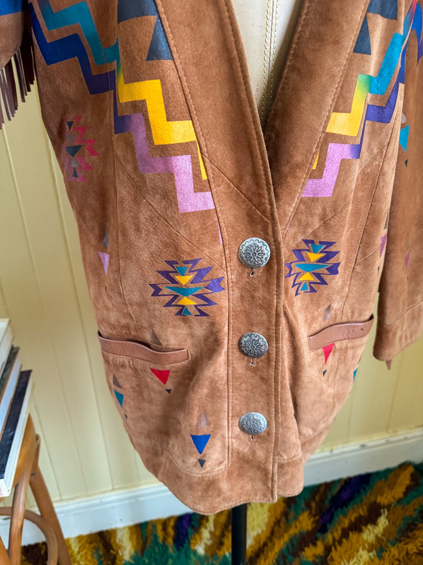 VINTAGE 1980S PANACHE SUEDE FRINGED PAINTED WESTERN JACKET S/M