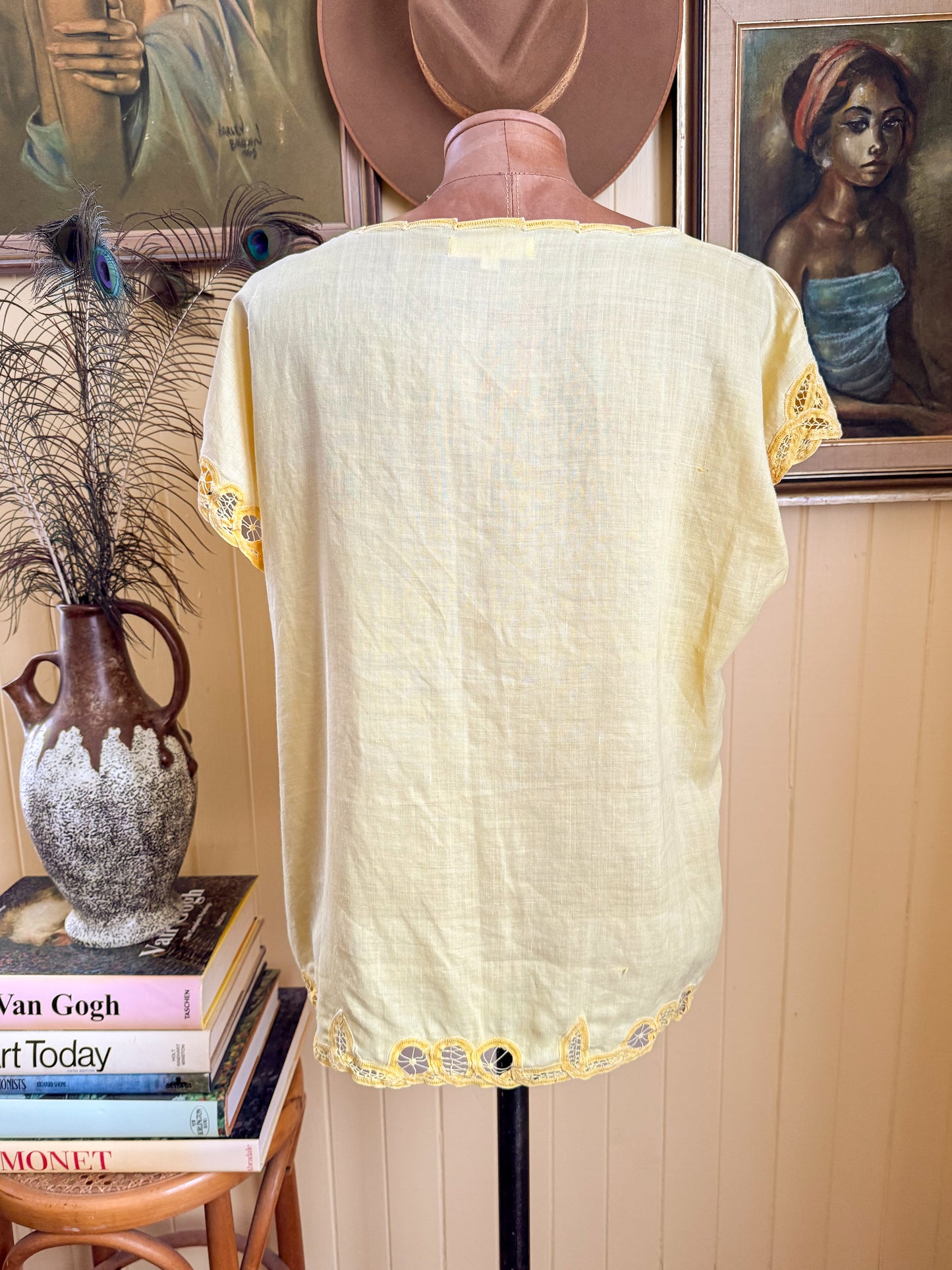 VINTAGE 1990S LINEN BLEND EMBROIDERED CUTOUT BUTTON THROUGH BLOUSE M