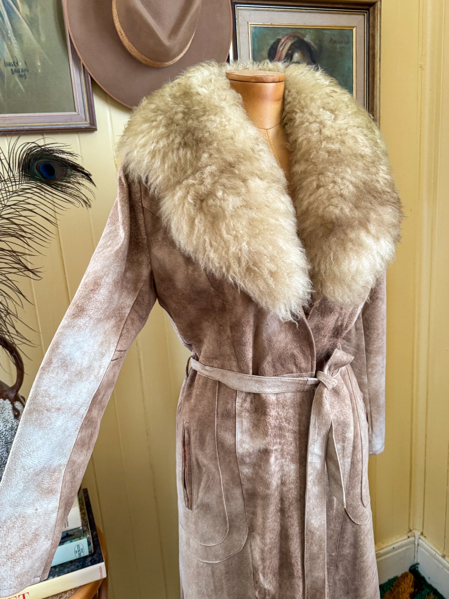 VINTAGE 1970S ENGLISH NATURAL SUEDE SHEEPSKIN LONGLINE WRAP COAT S/M