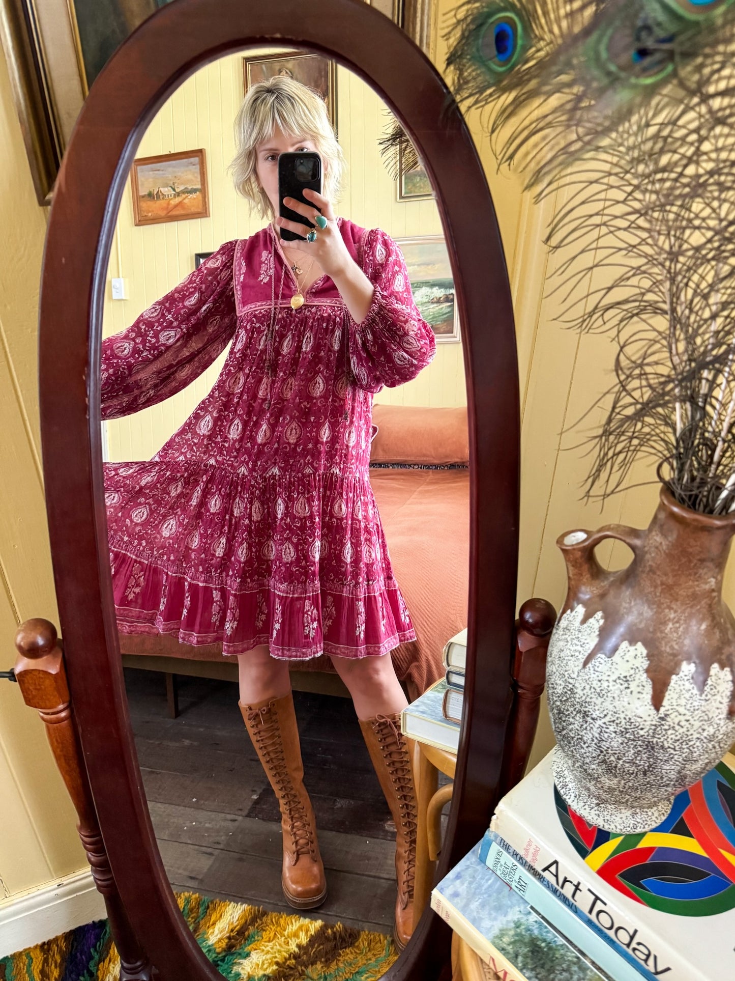 VINTAGE 1970S RARE ADINI INDIAN COTTON GAUZE MIDI DRESS S