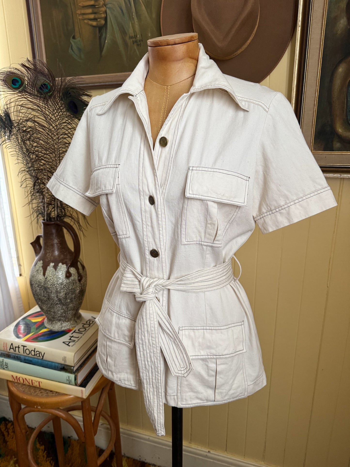 VINTAGE 1970S OFF WHITE COTTON DRILL FITTED SAFARI SHIRT JACKET S/M