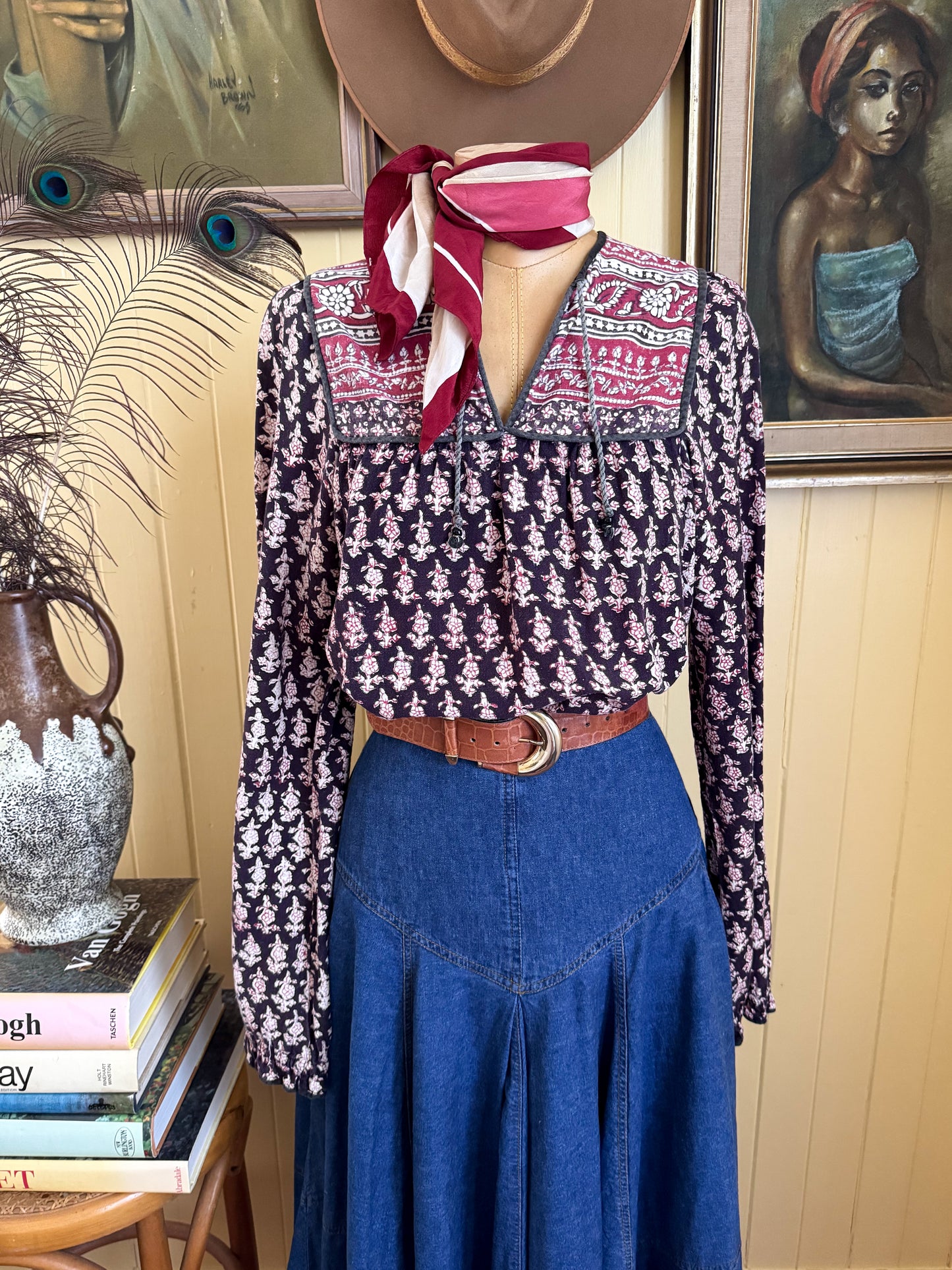 VINTAGE 1970S MALIKA INDIAN COTTON BLOCK PRINT FOLK BLOUSE S/M
