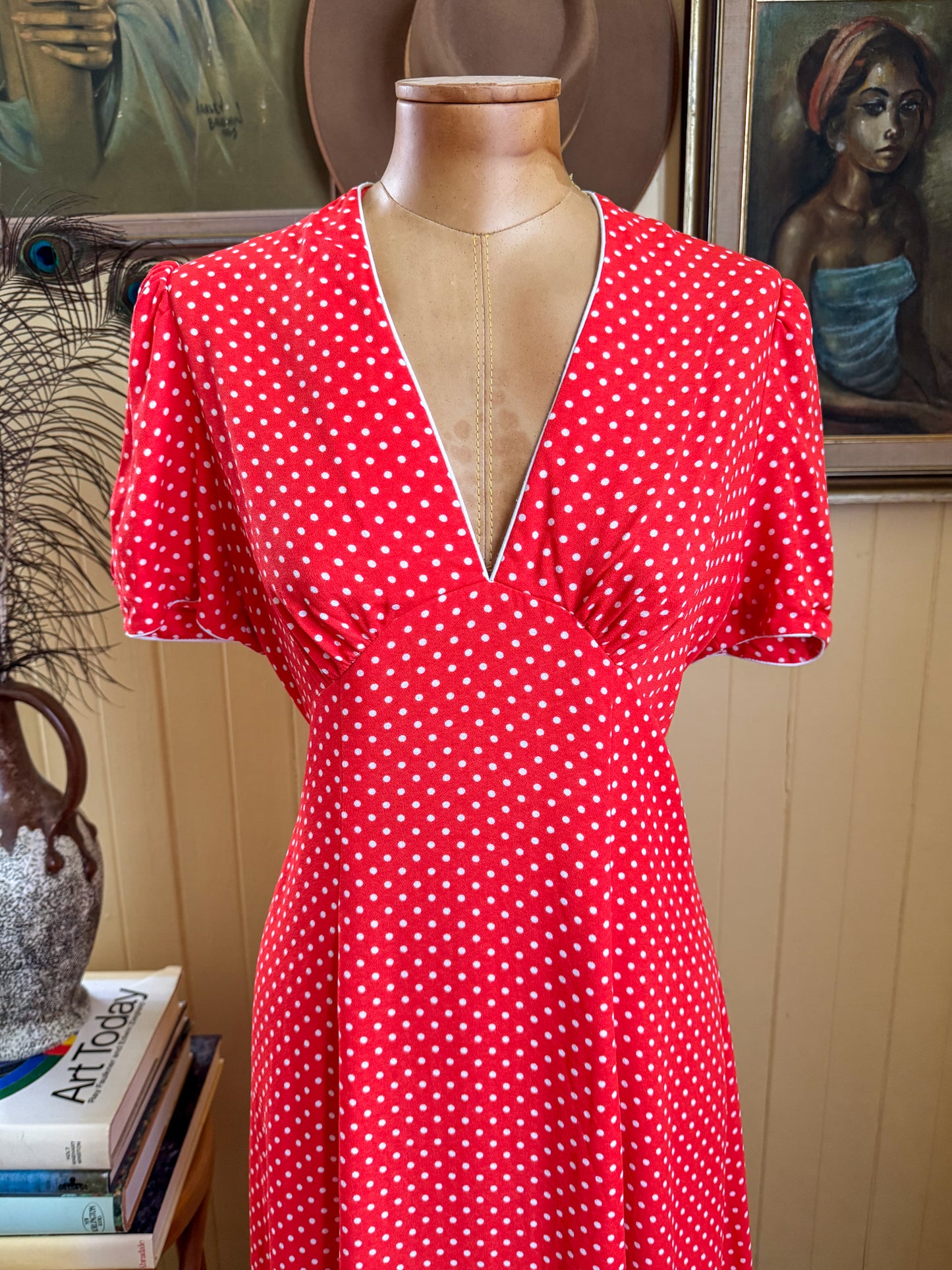 VINTAGE 1970S I-SPY POLY RED POLKA DOT PRINT MAXI DRESS S