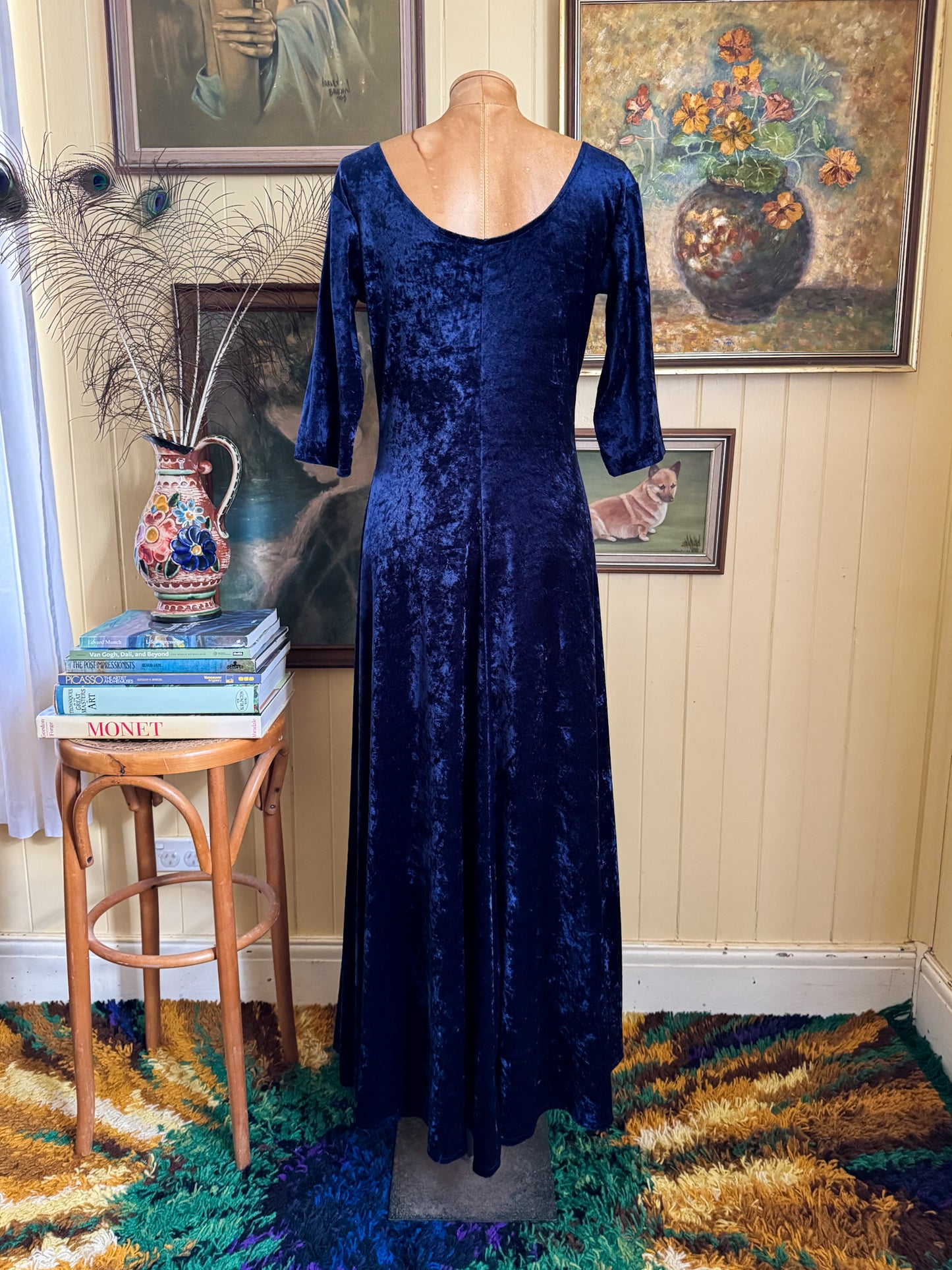 VINTAGE 1990S NAVY BLUE CRUSHED VELVET SLINKY MAXI DRESS M