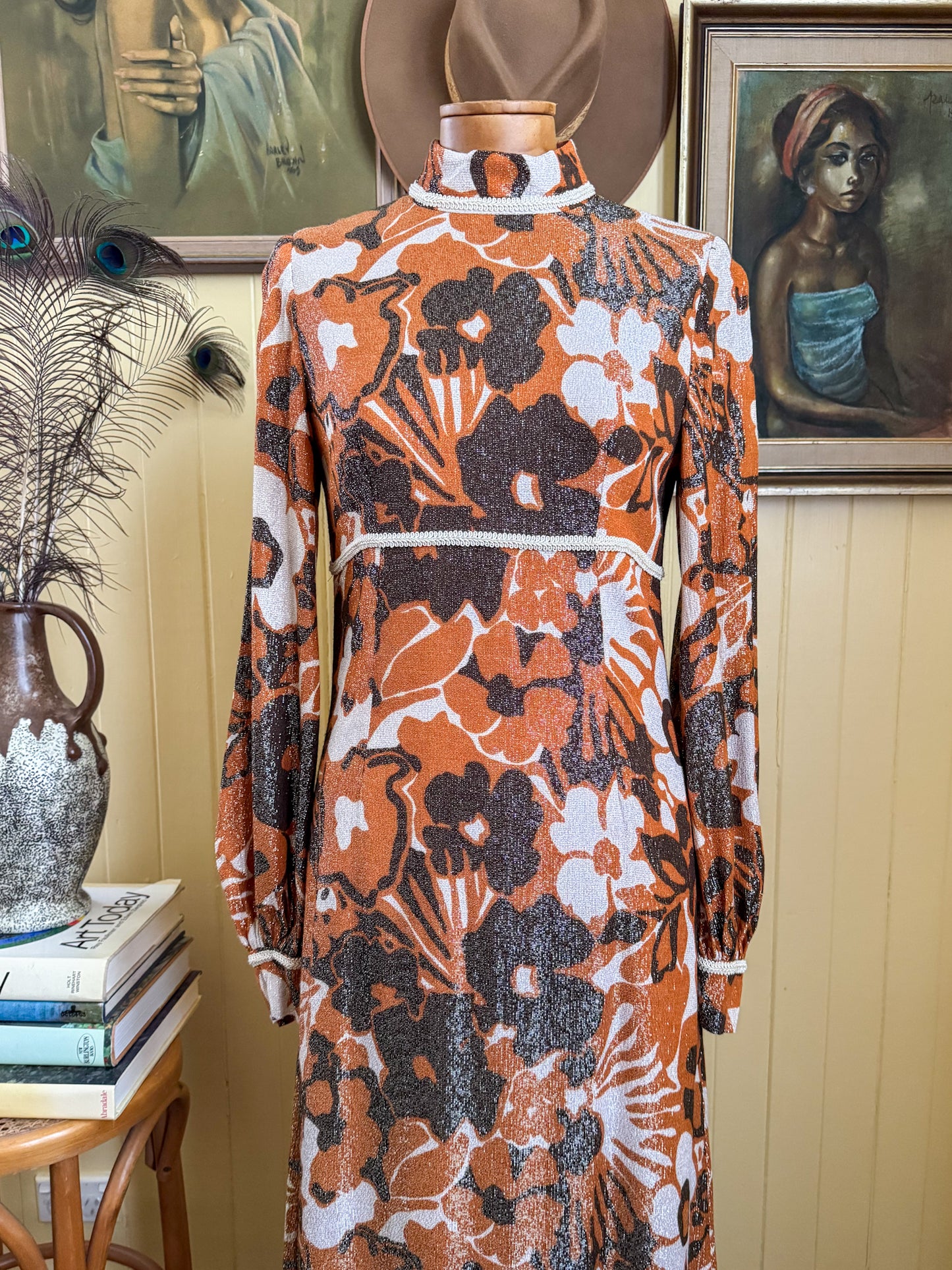VINTAGE 1960S LUREX PSYCHEDELIC FLORAL PRINT MAXI DRESS S/M