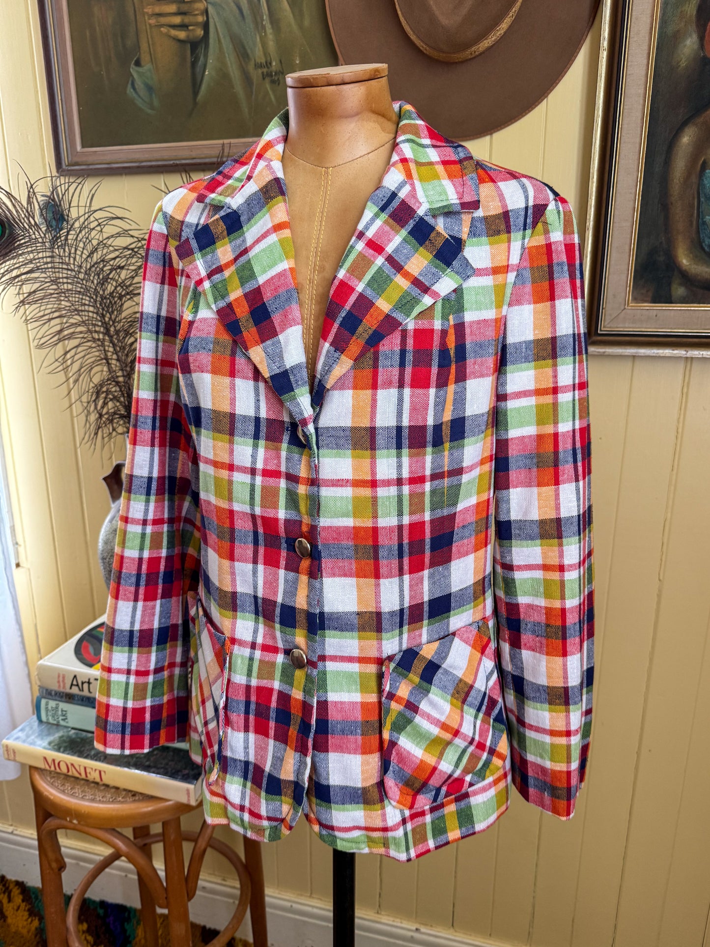 VINTAGE 1970S VIRGO COTTON PLAID DAGGER COLLAR BLAZER JACKET M